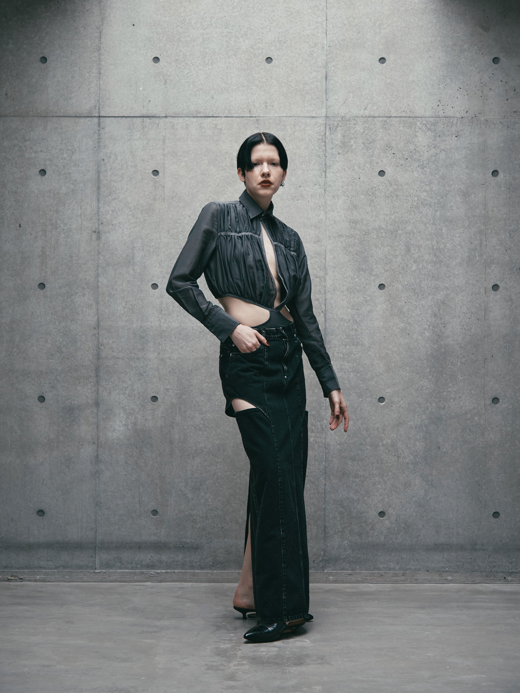 VOILE BODY SUIT GATHERED SHIRT