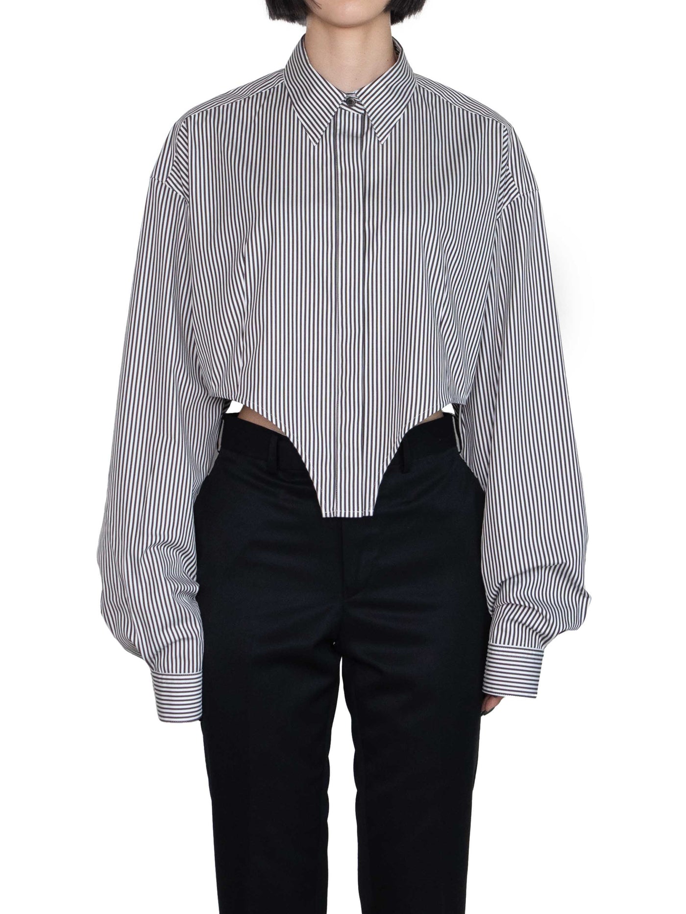 Stripe broadcloth fly front cutting shirt