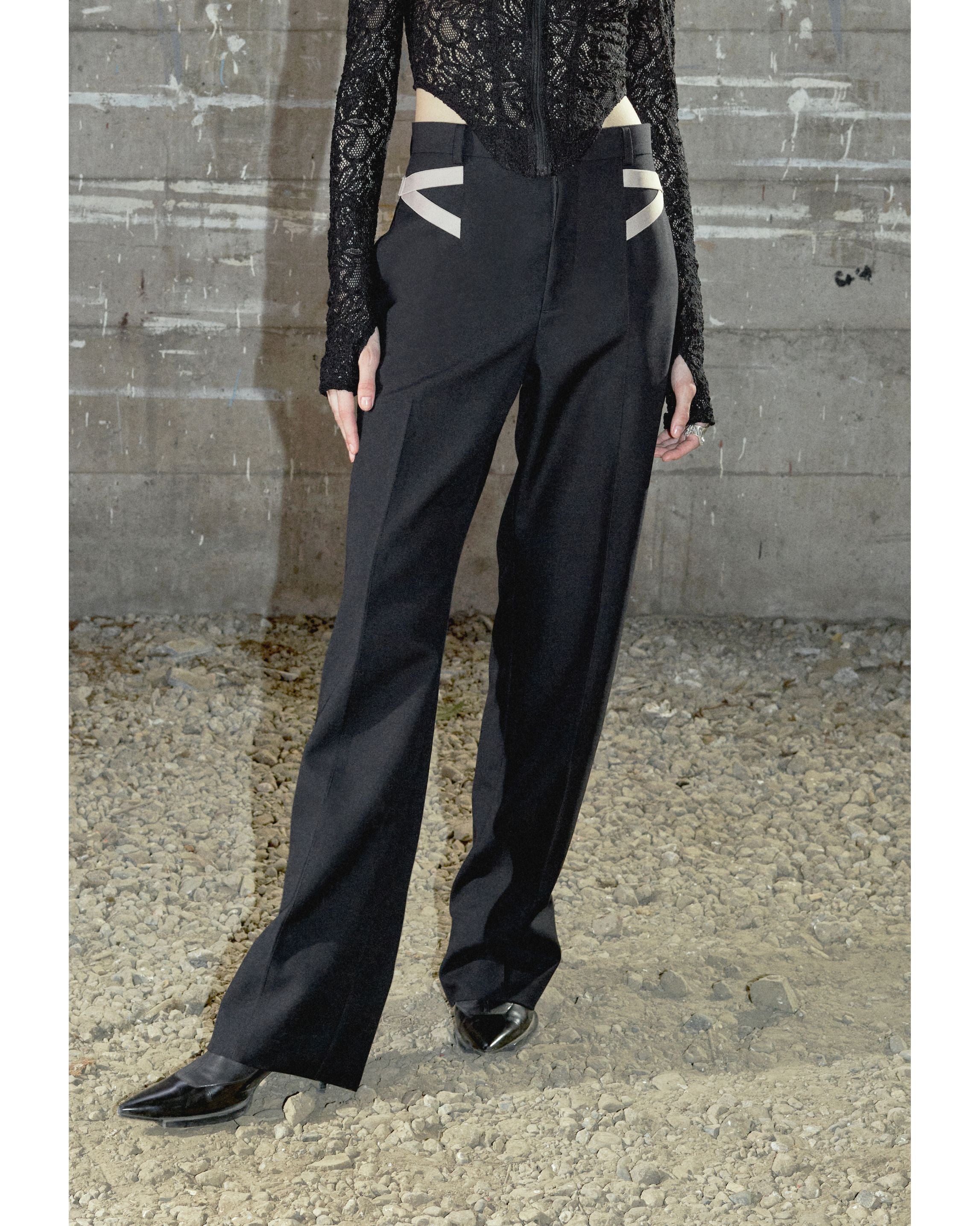 WOOL DOBBY SIDE STRAP TROUSERES