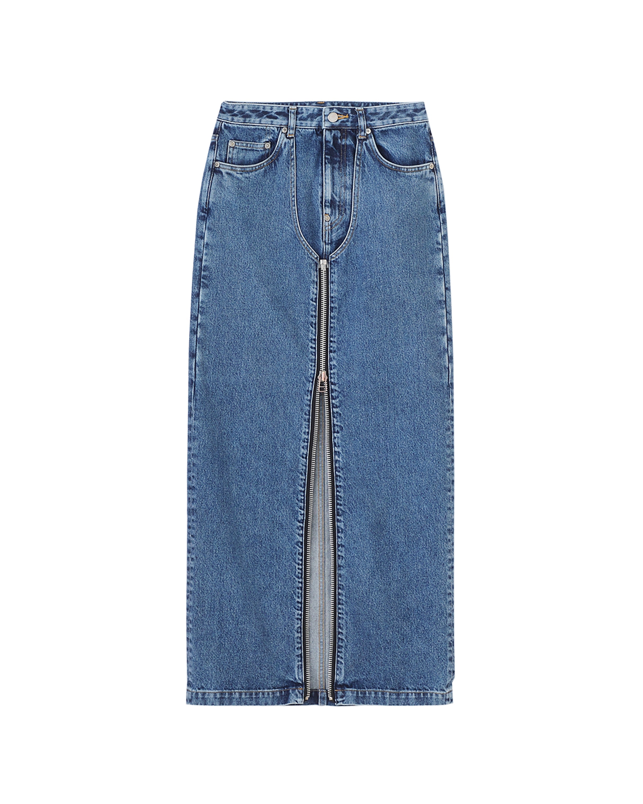 WASHED DENIM ZIPPED LONG SKIRT