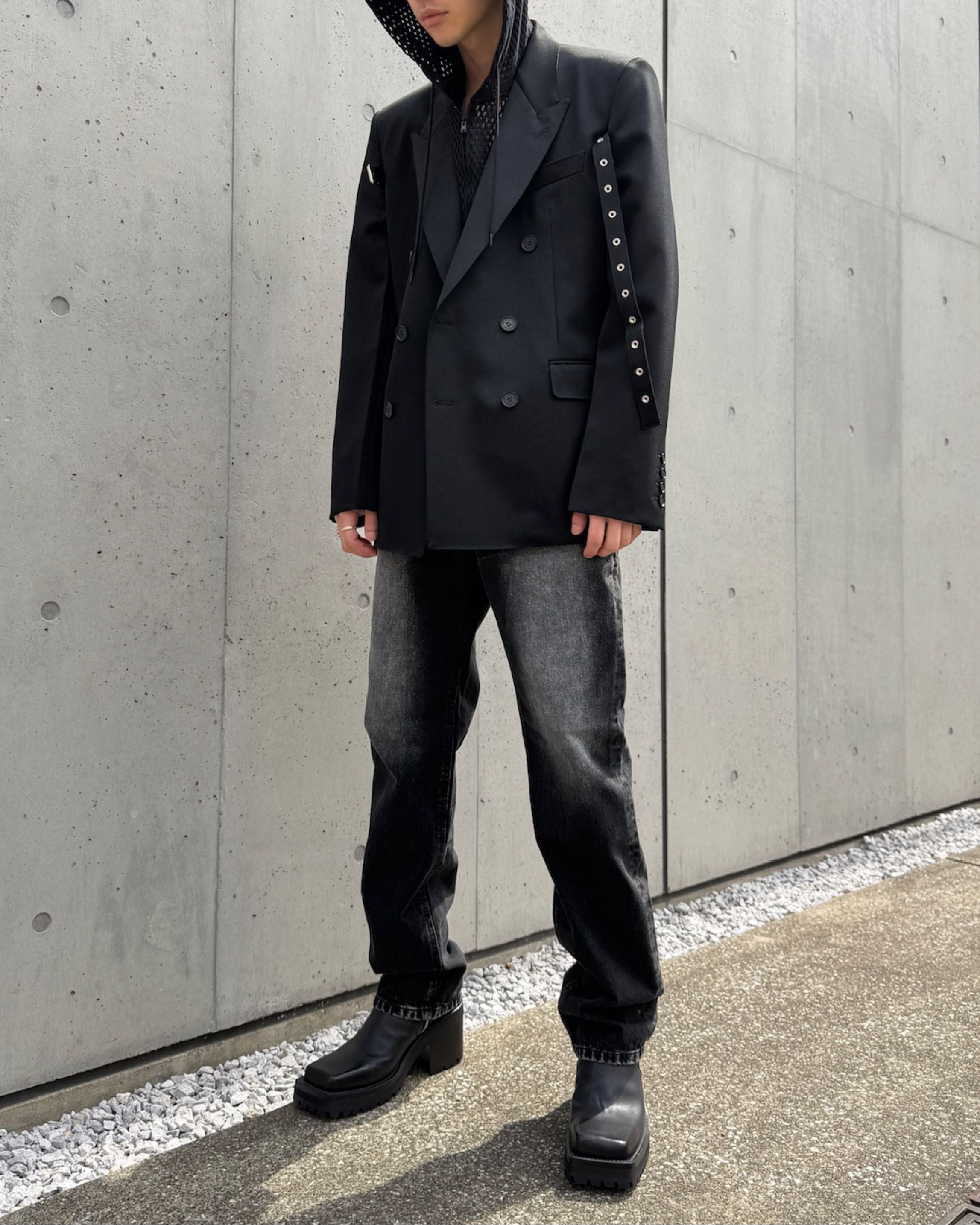 WOOL GABARDINE FRONT STRAP DOUBLE BREASTED JACKET