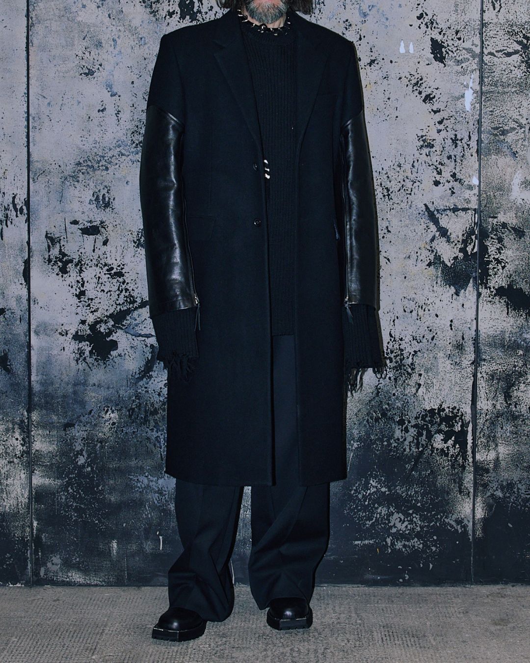 MELTON LEATHER SLEEVE DOUBLE BREASTED CHESTERFIELD COAT