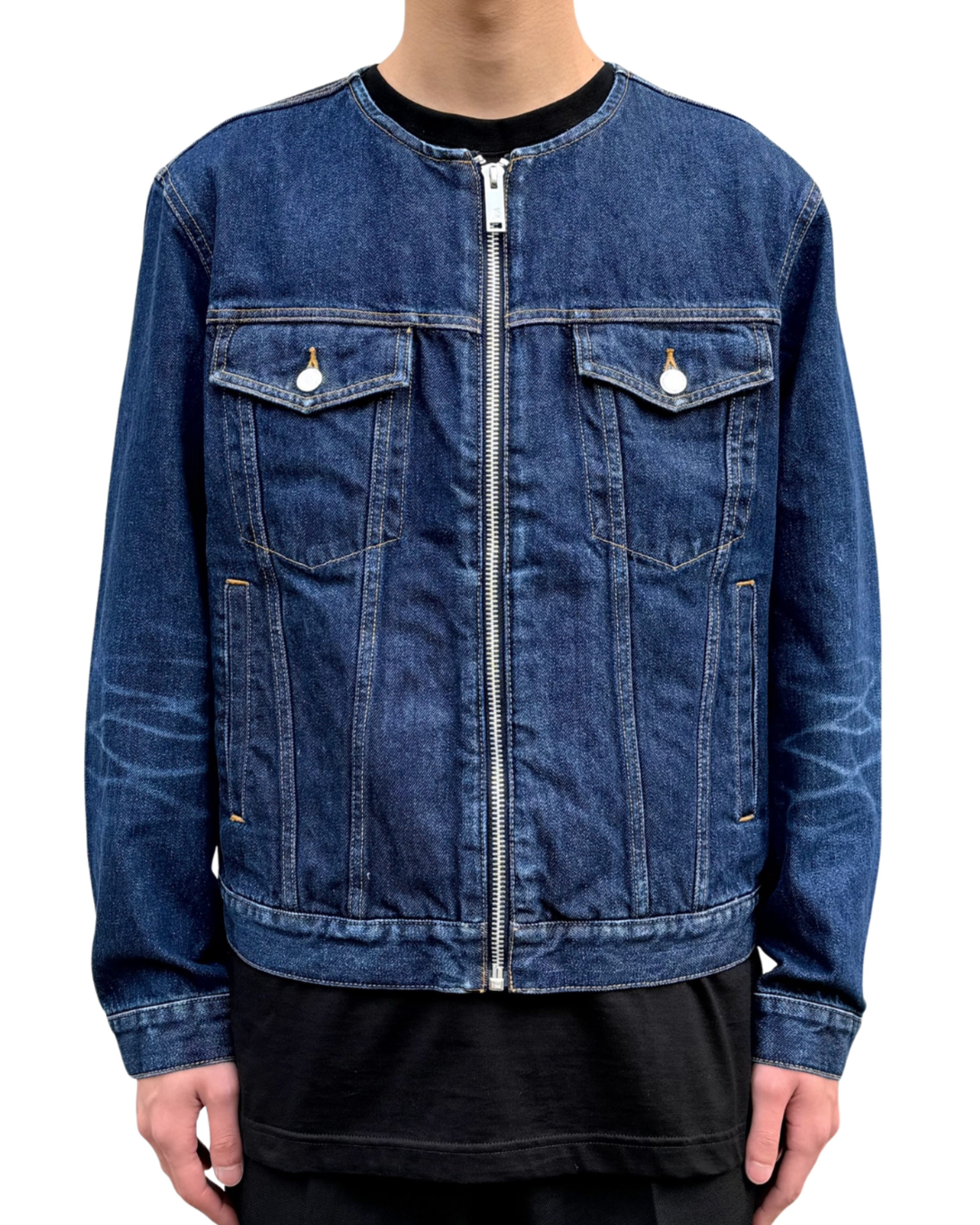 WASHED DENIM COLLARLESS JACKET WASHED DENIM COLLARLESS JACKET