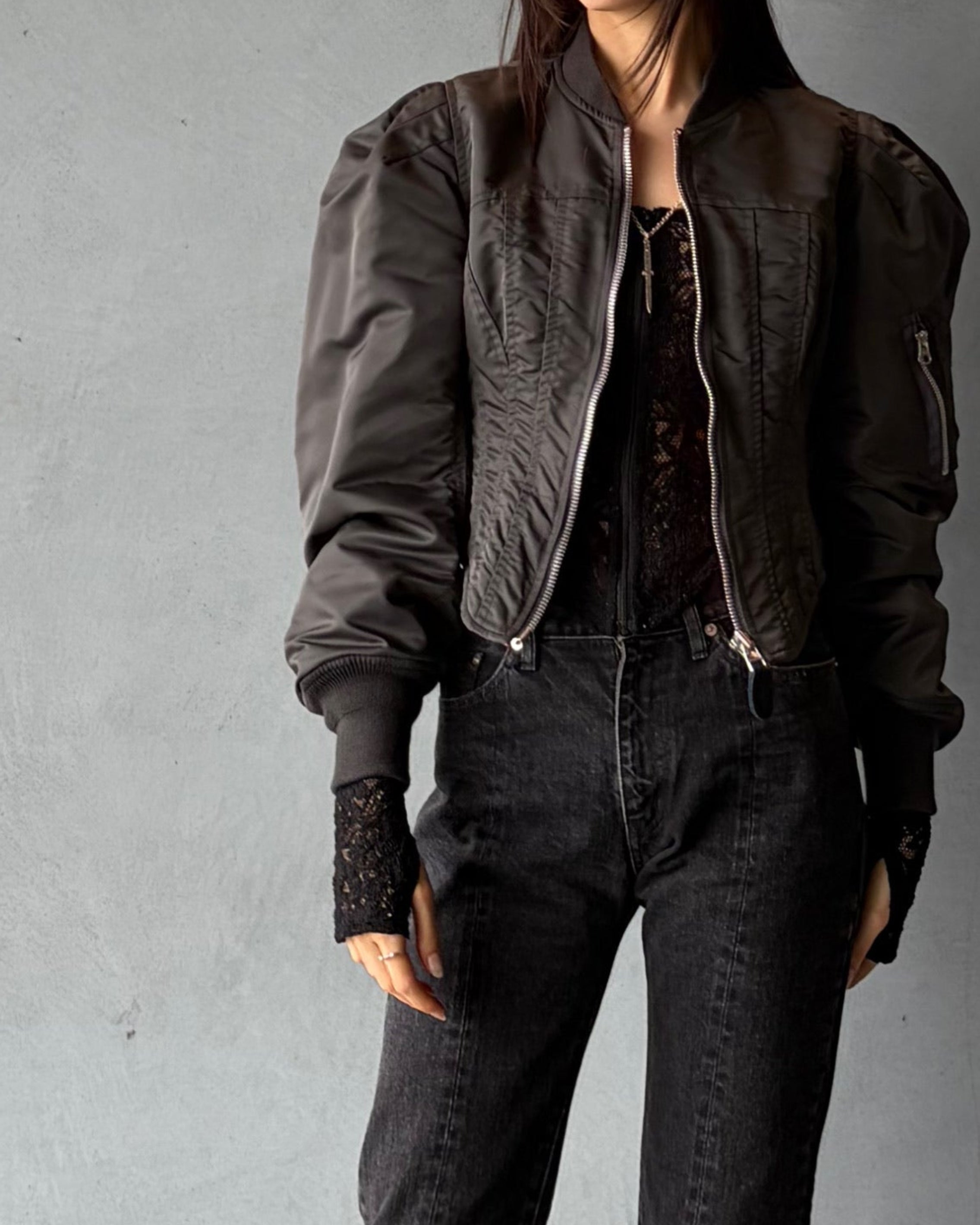 NYLON TWILL CORSET BOMBER JACKET