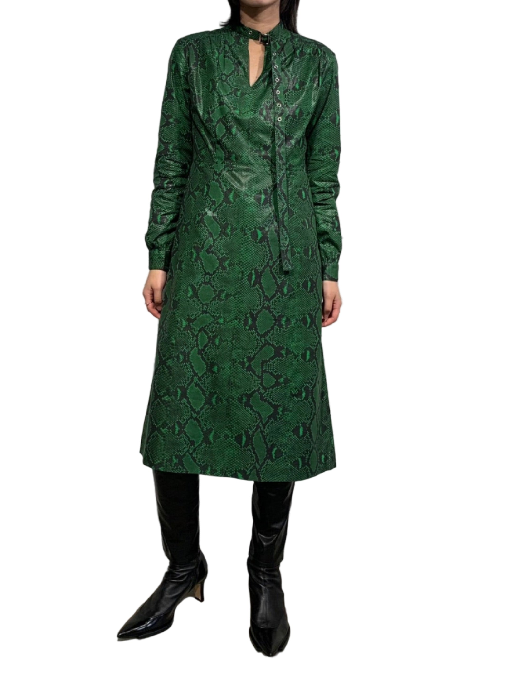 PYTHON PRINTED COTTON BELTED NECK DRESS