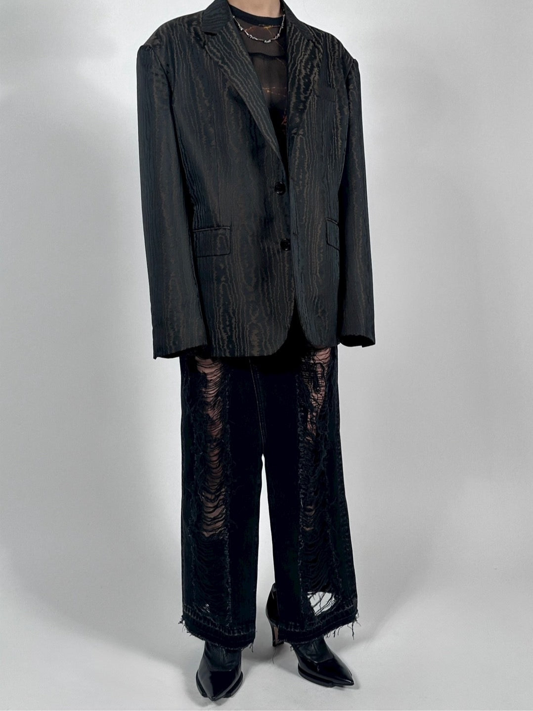 MOIRE JACQUARD OVERSIZED JACKET | BROWN
