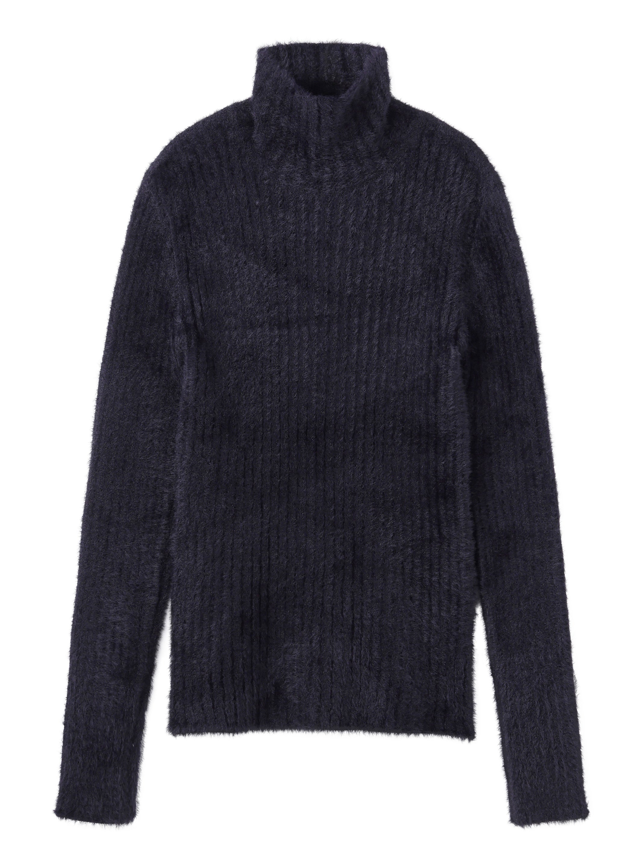 RIBED HI-NECK SHAGGY KNIT SWEATER