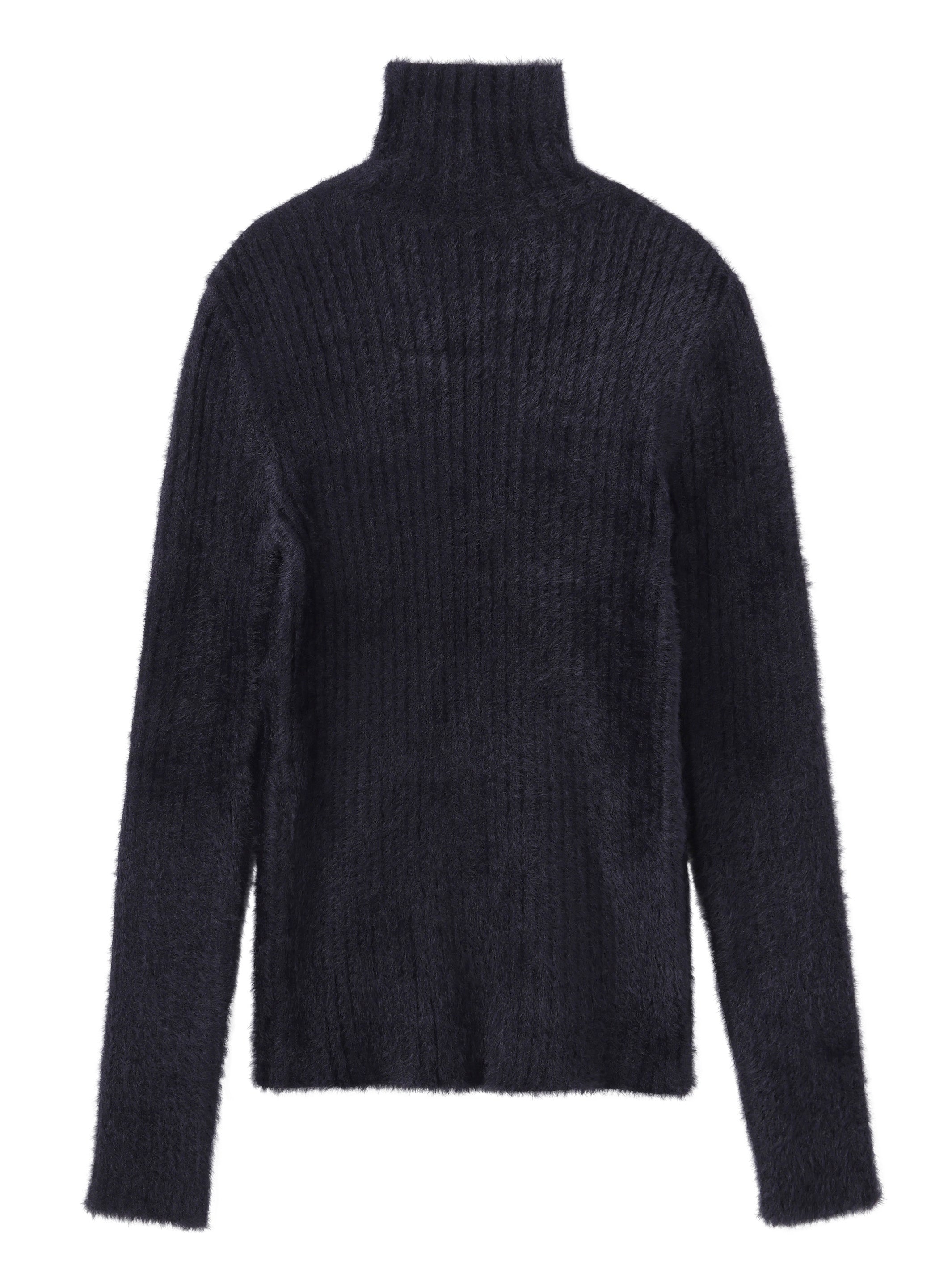 RIBED HI-NECK SHAGGY KNIT SWEATER