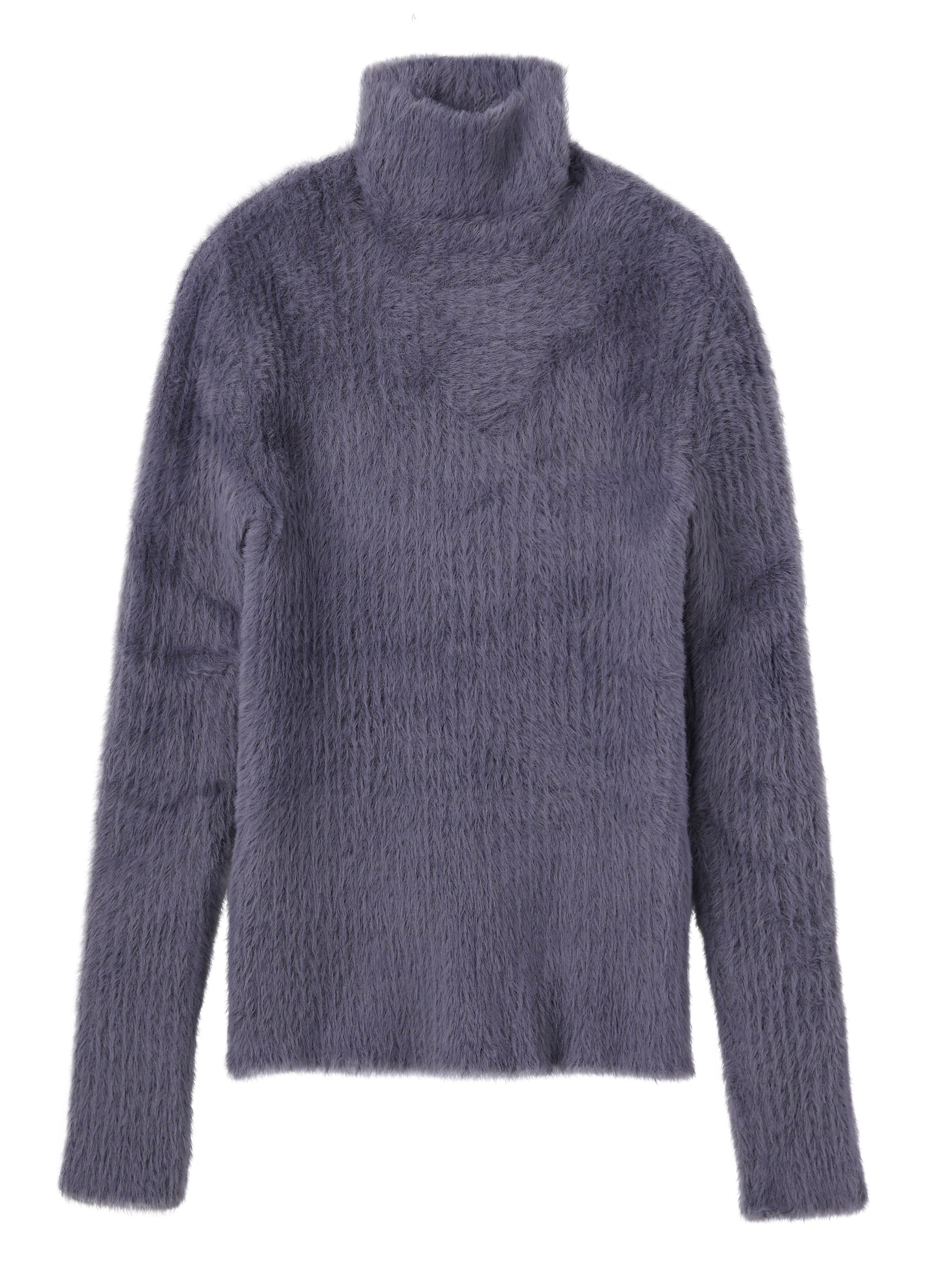 RIBED HI-NECK SHAGGY KNIT SWEATER
