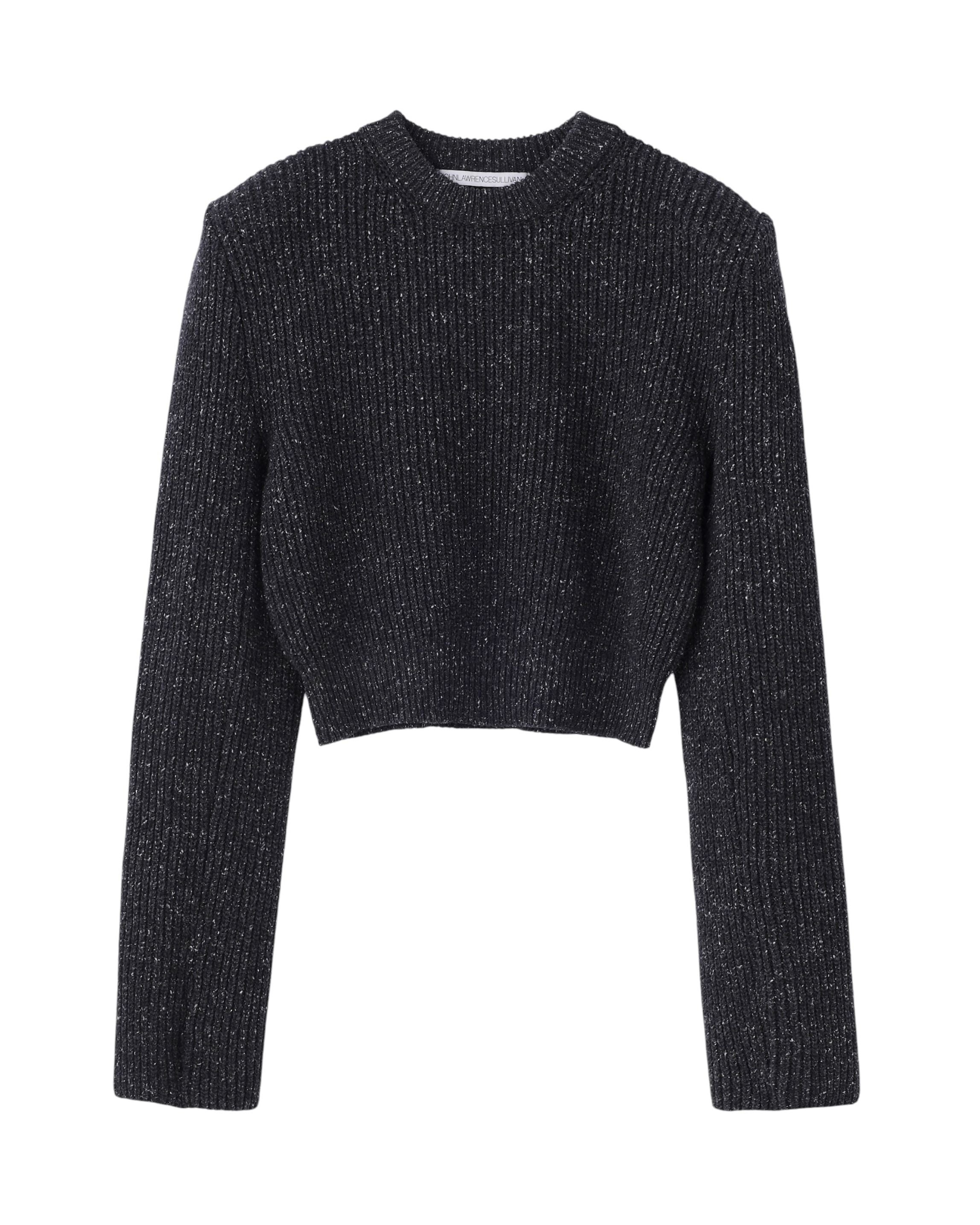 WOOL SILK POWER SHOULDER RIB KNIT SWEATER