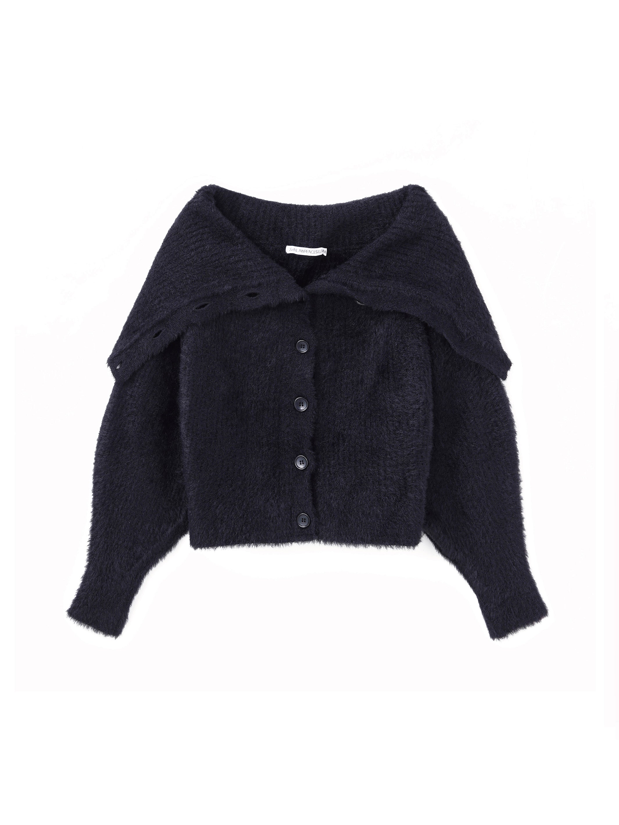 RIBED SHAGGY OVER HI-NECK KNIT CARDIGAN