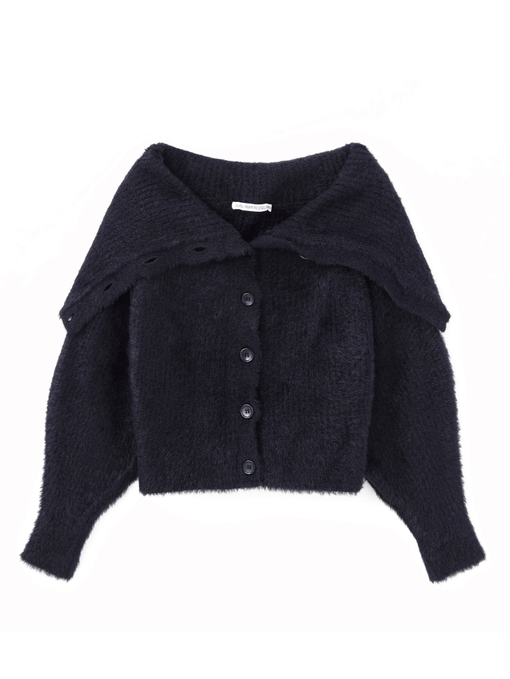 RIBBED SHAGGY OVER HI-NECK KNIT CARDIGAN