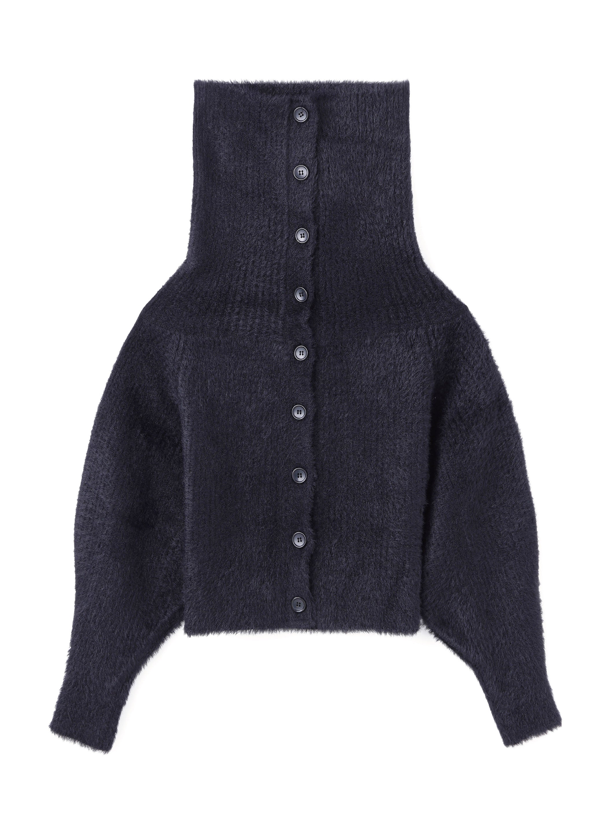 RIBED SHAGGY OVER HI-NECK KNIT CARDIGAN