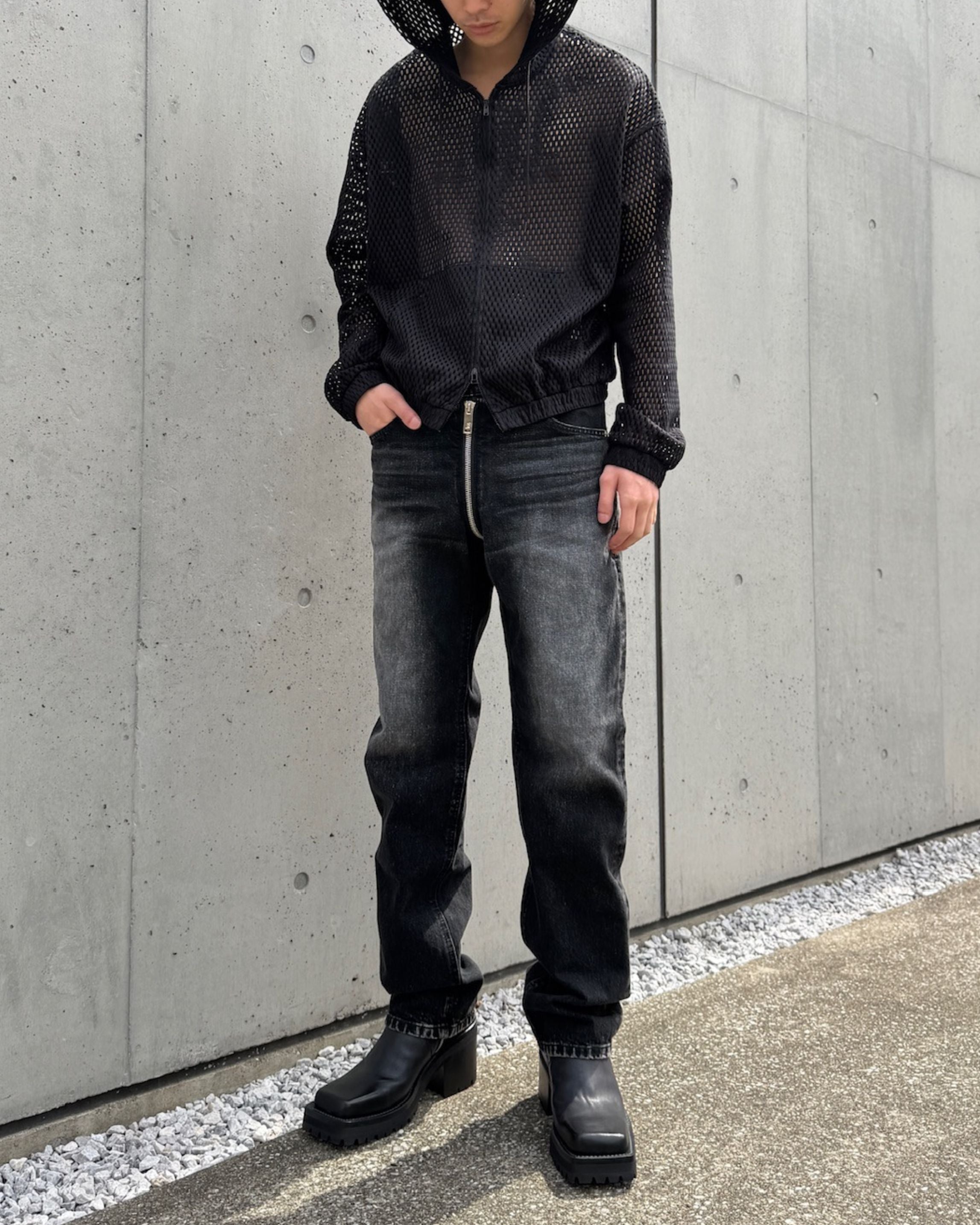 WASHED DENIM WRAPAROUND ZIP PANTS
