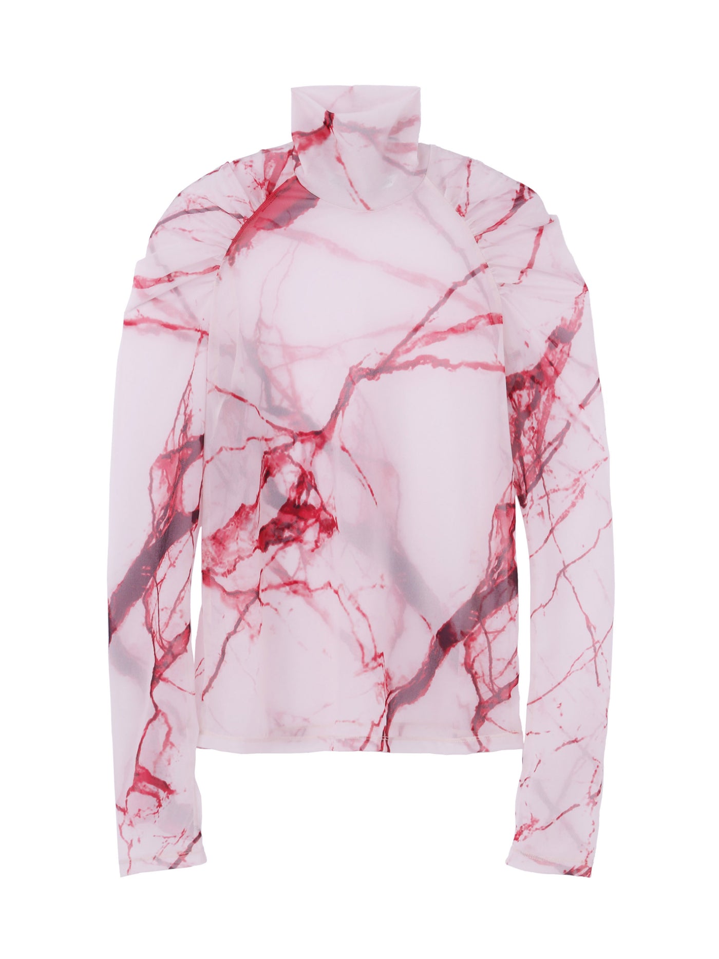 All Over Print See-Through Jersey Gathered Sleeve Hi-Neck Top