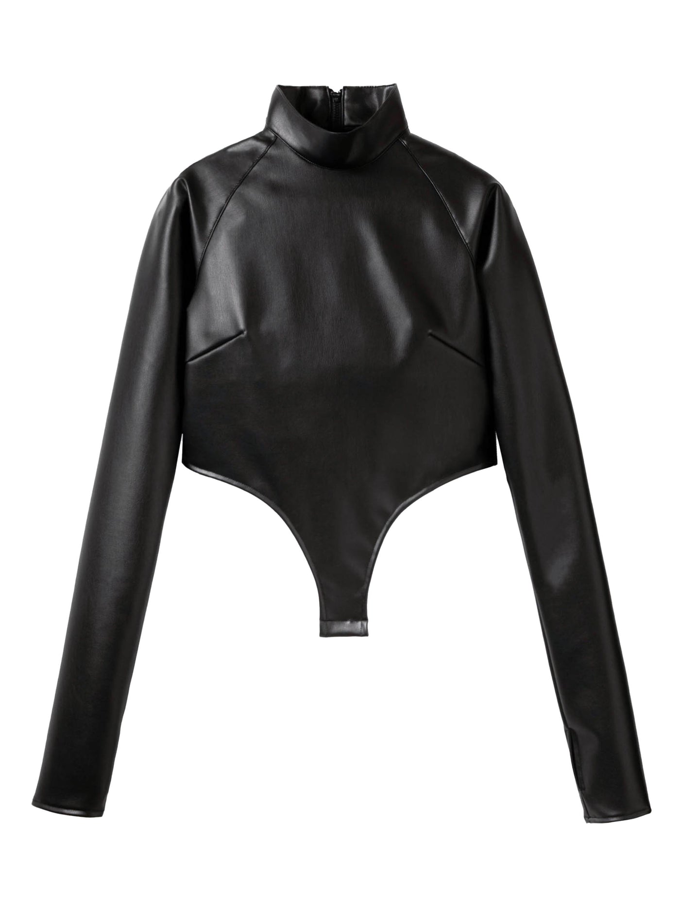 Stretch vegan leather bodysuit hi-neck top