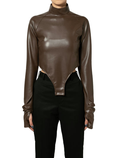 Stretch vegan leather bodysuit hi-neck top