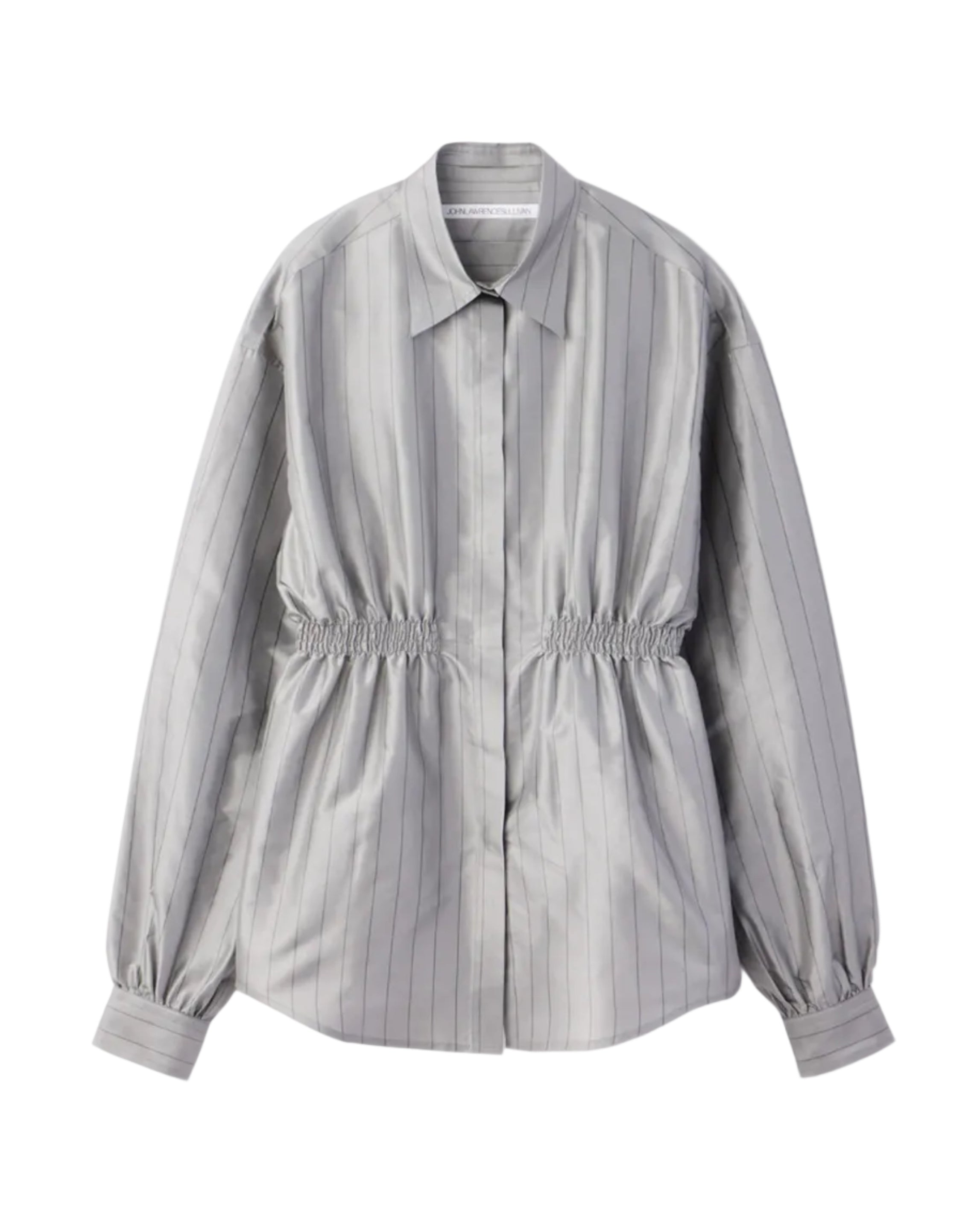 STRIPE SILK WAIST GATHERED SHIRT | GREY