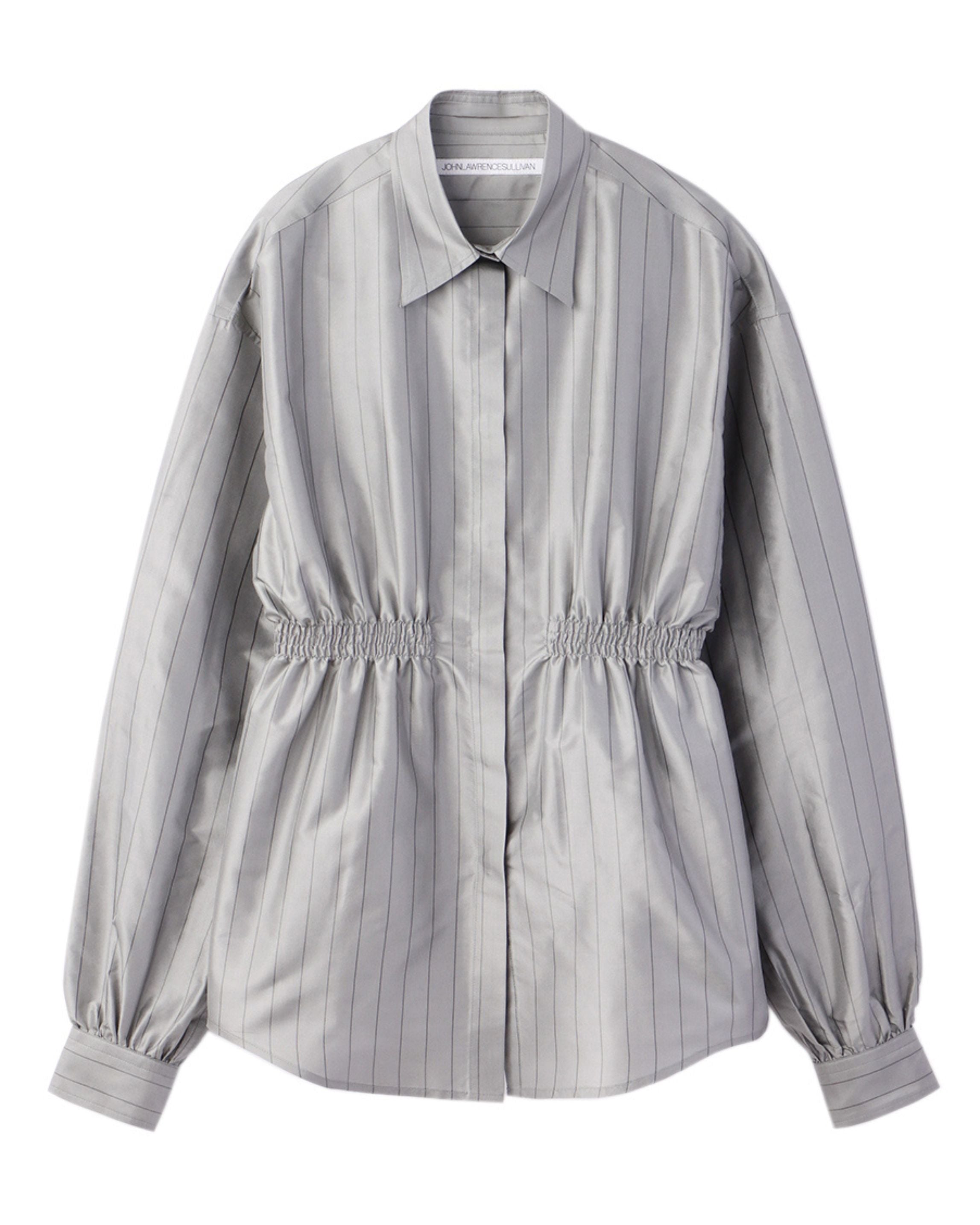 STRIPE SILK WAIST GATHERED SHIRT | GREY