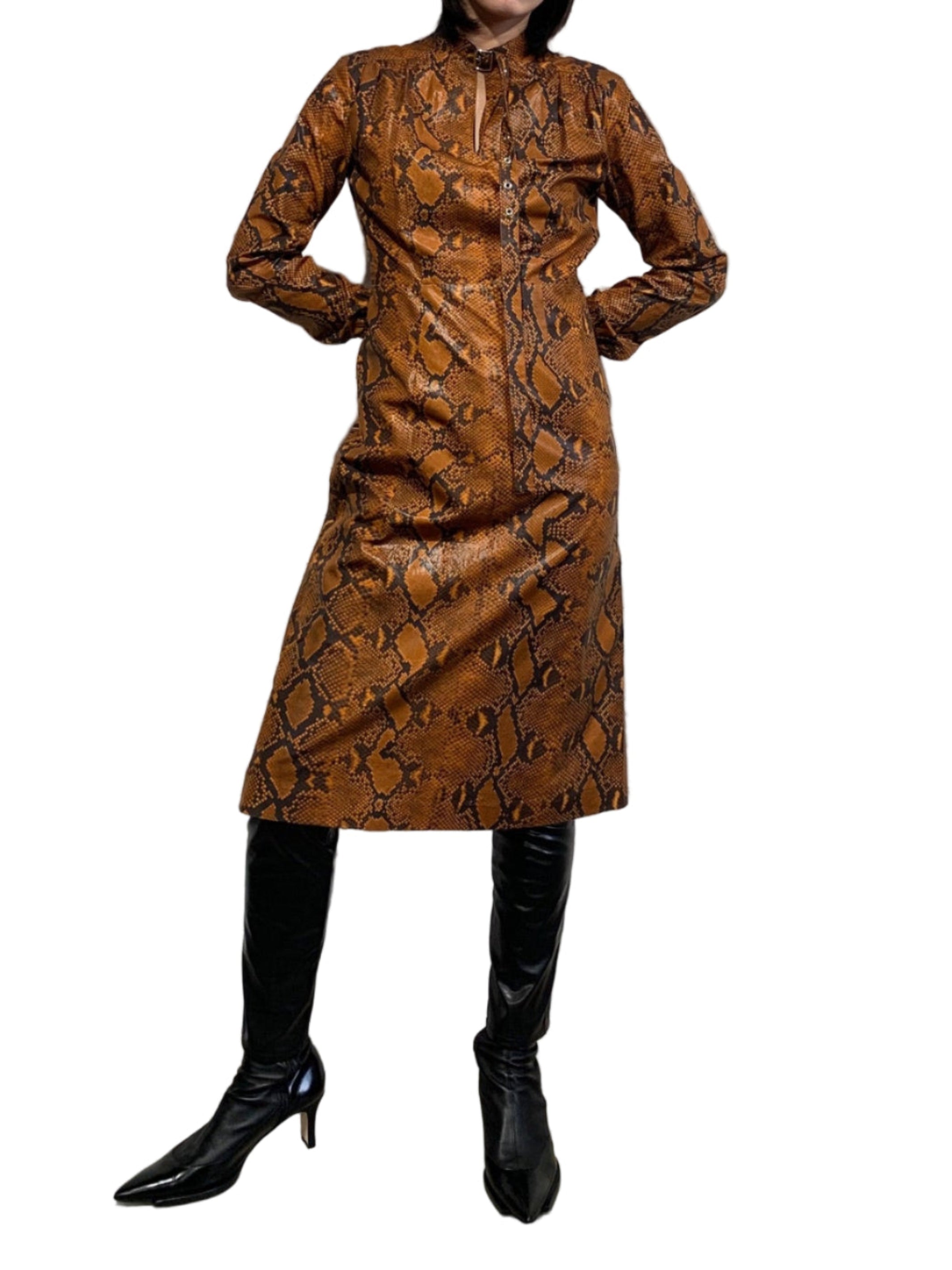 PYTHON PRINTED COTTON BELTED NECK DRESS