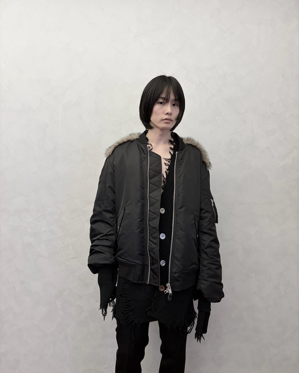 NYLON MASSIVE ROUNDED SLEEVE BOMBER JACKET WITH BACK FUR