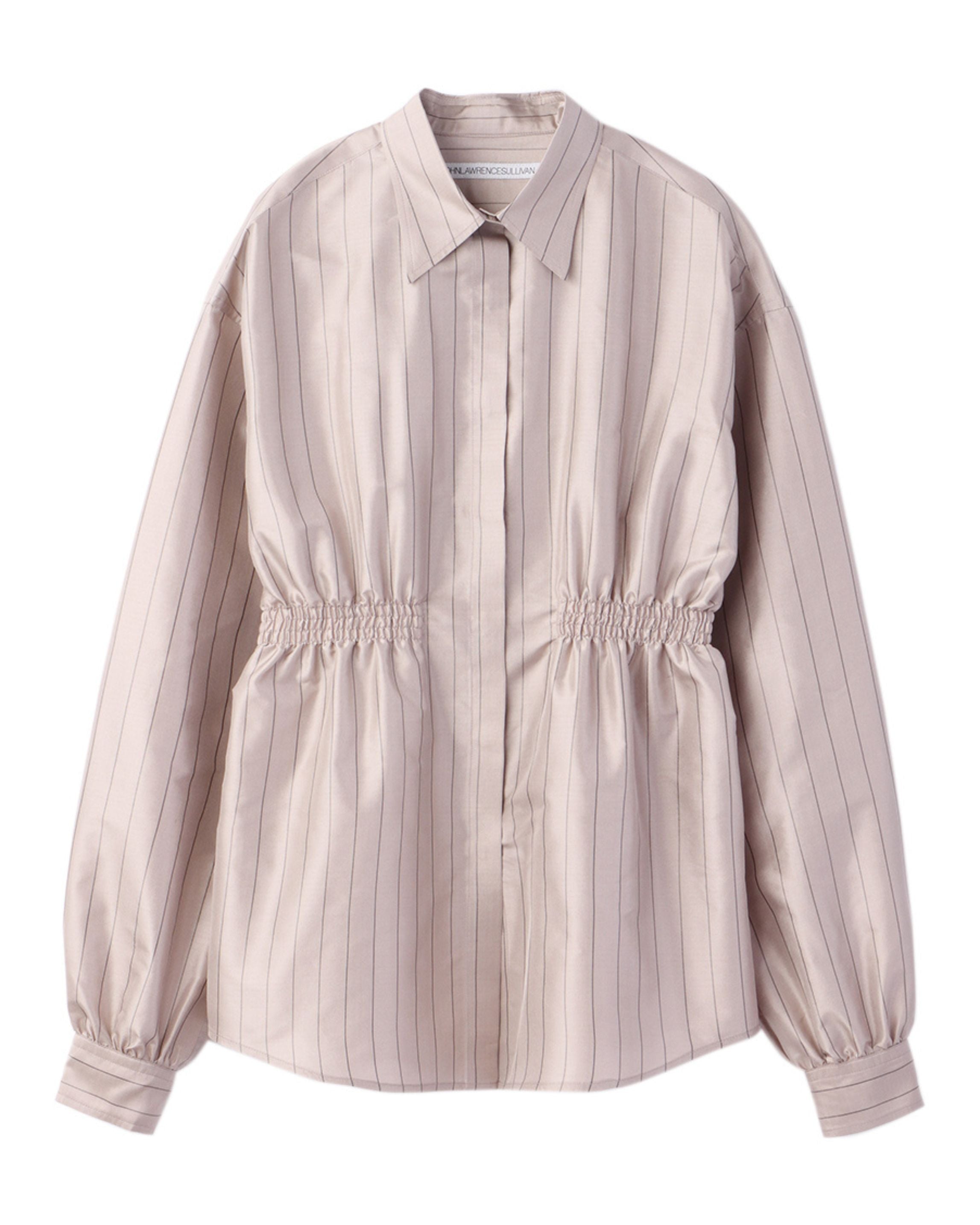 STRIPE SILK WAIST GATHERED SHIRT | BEIGE