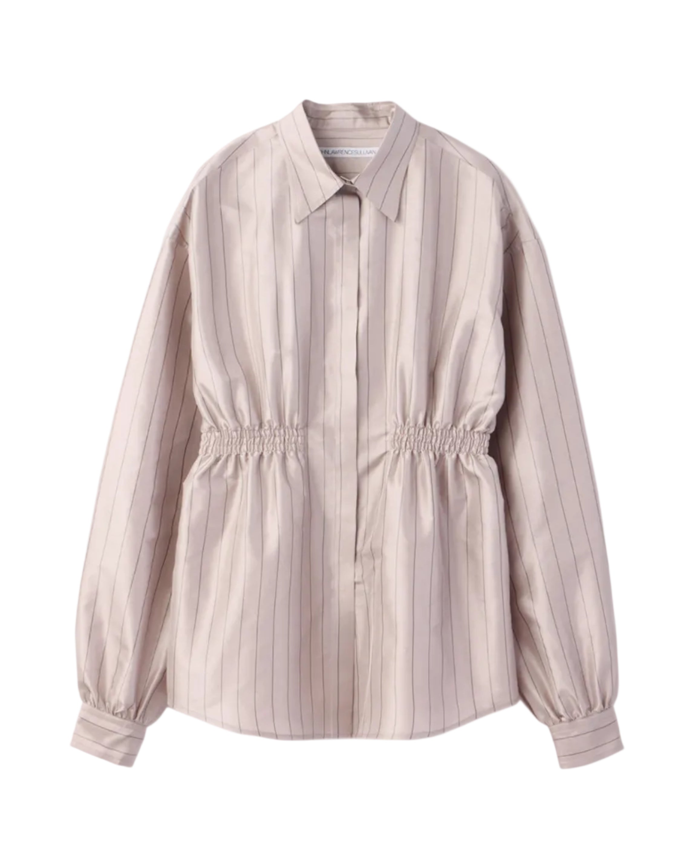STRIPE SILK WAIST GATHERED SHIRT | BEIGE