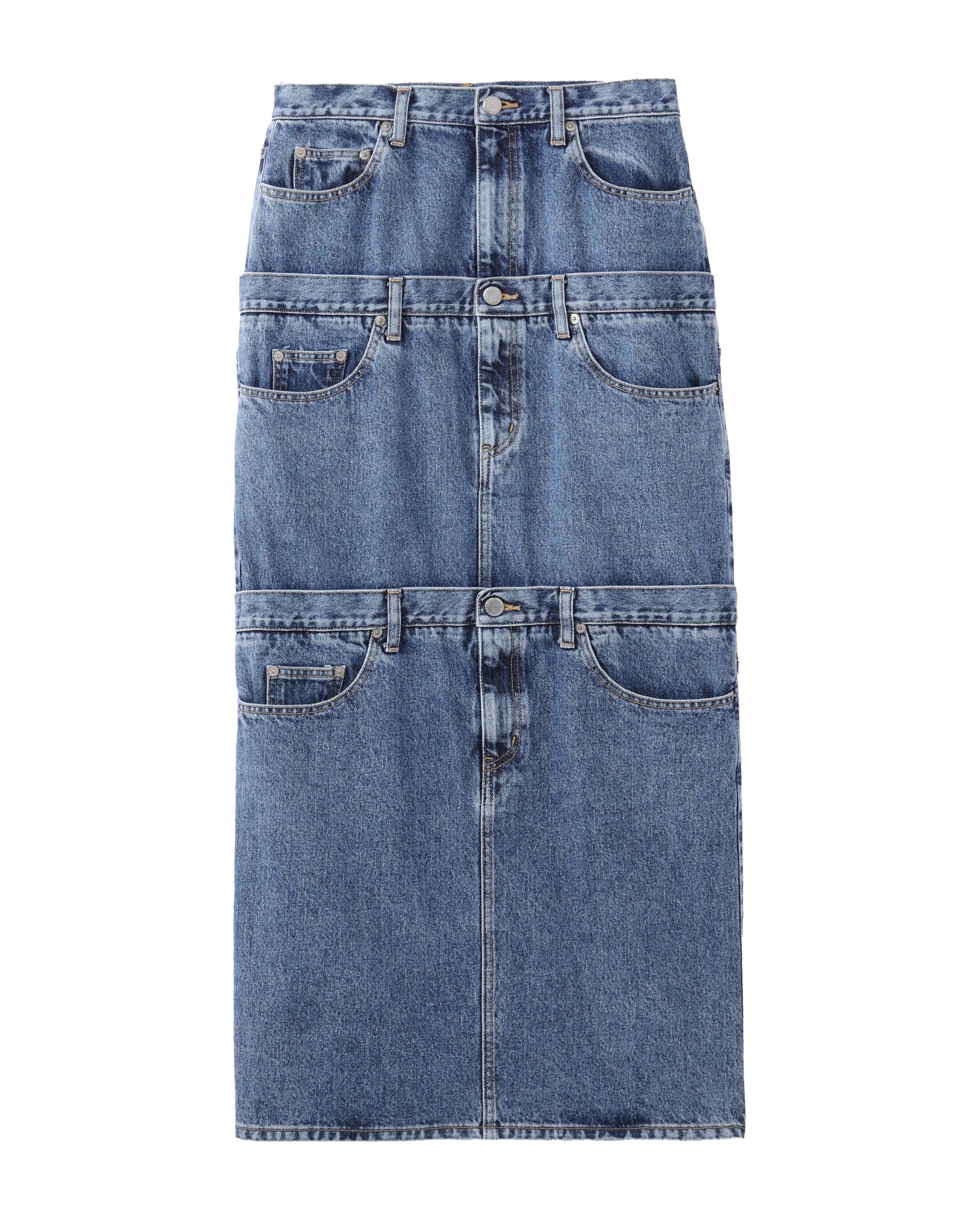 WASHED DENIM STACKED SKIRT | INDIGO