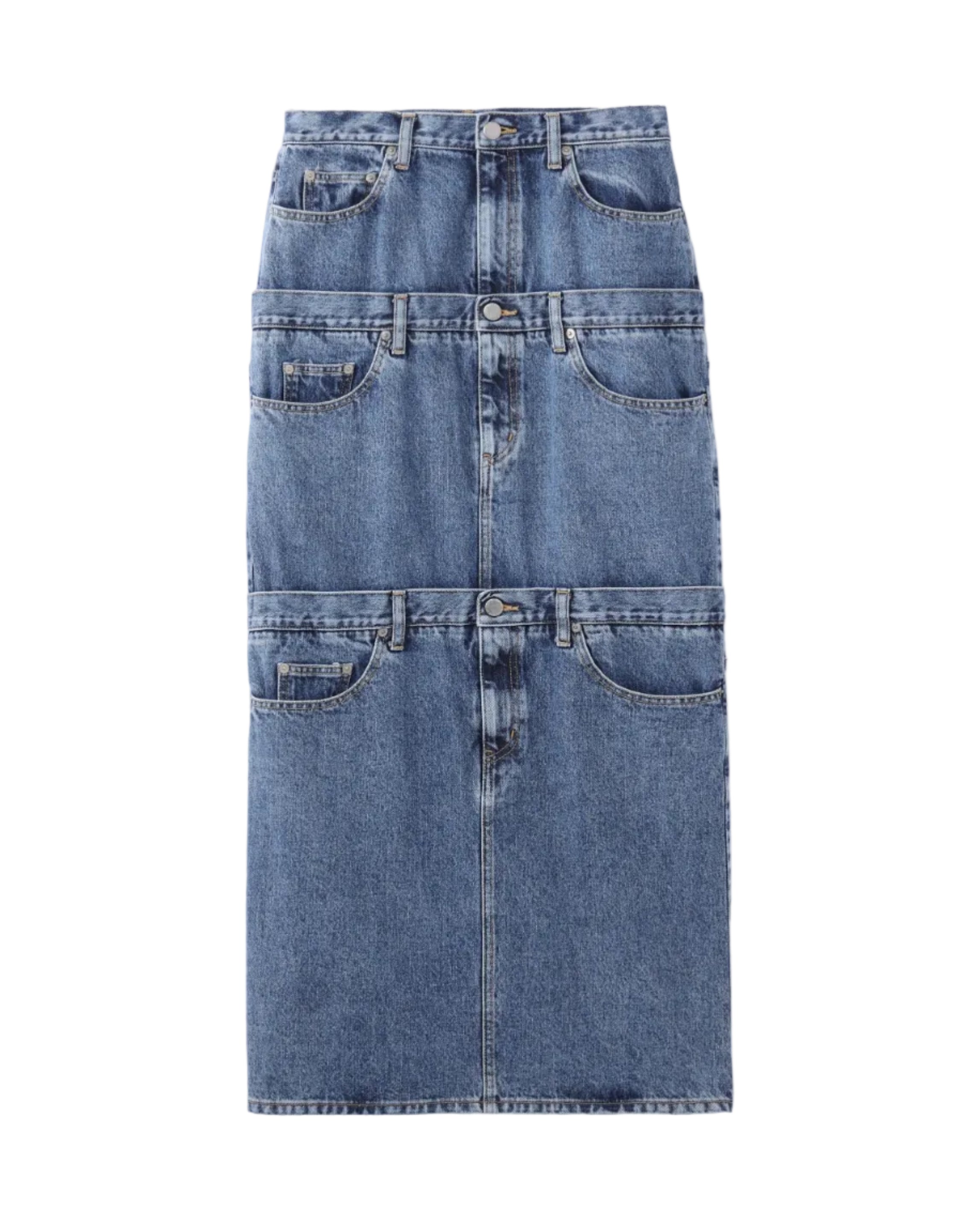 WASHED DENIM STACKED SKIRT | INDIGO