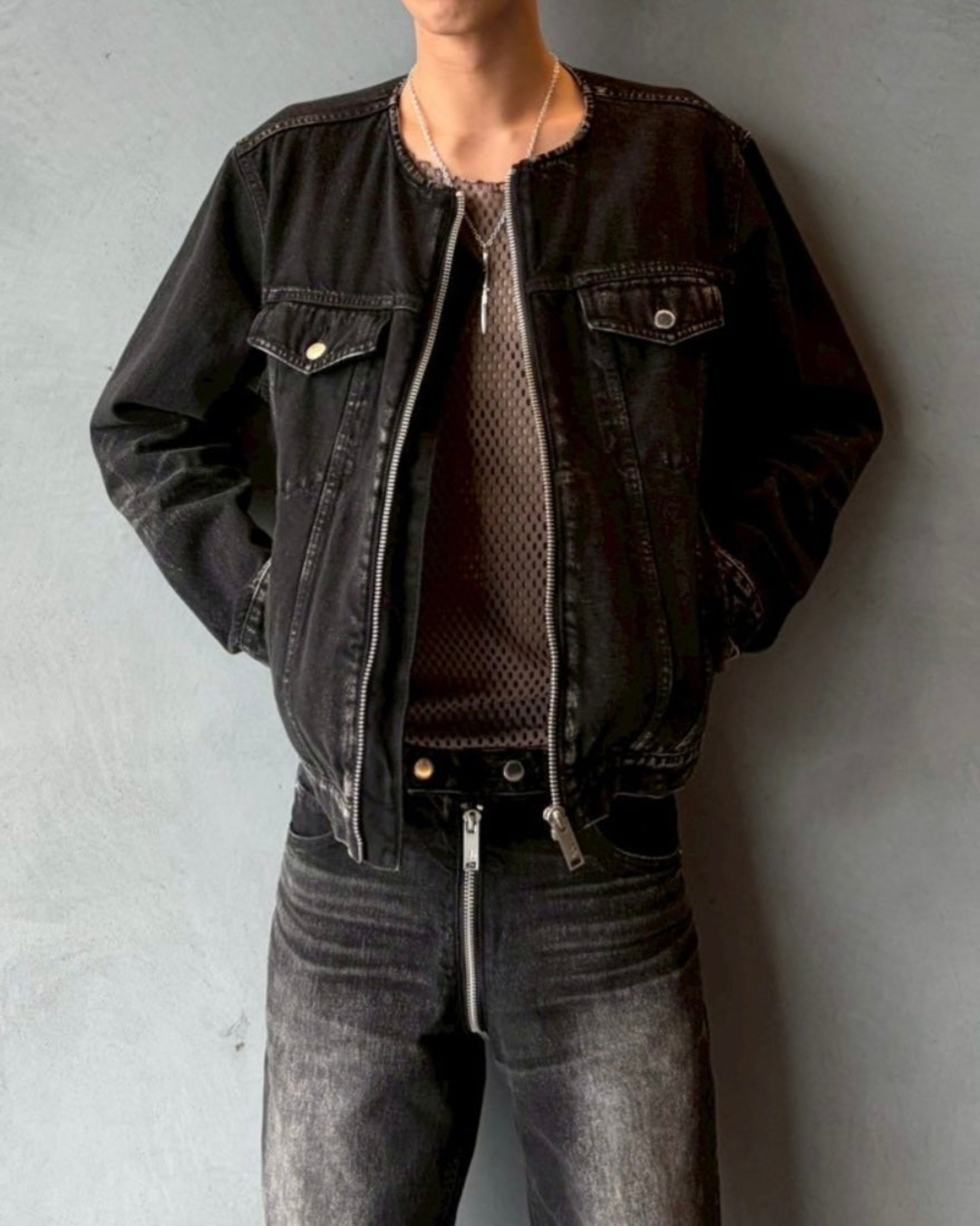 WASHED DENIM COLLARLESS JACKET