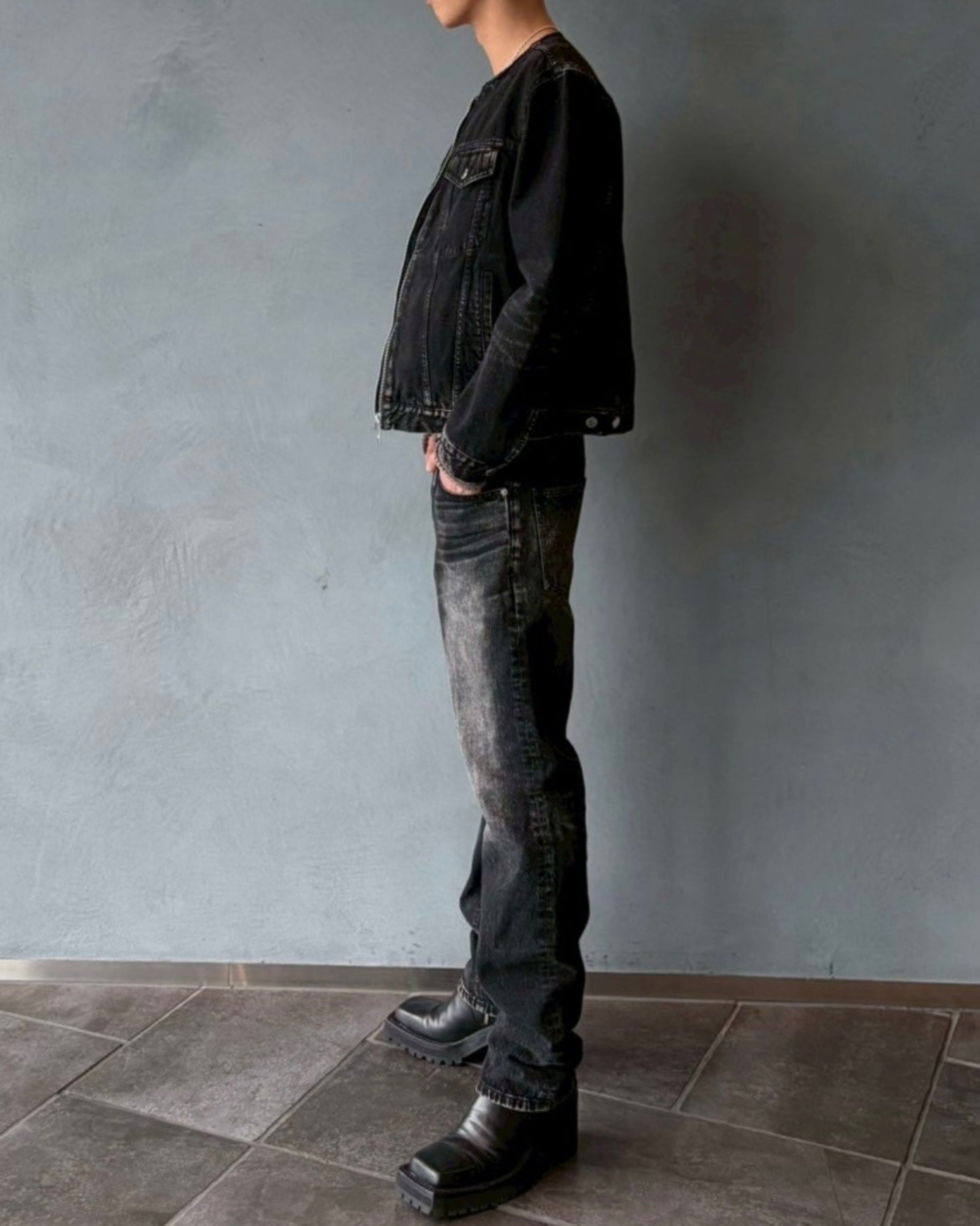 WASHED DENIM COLLARLESS JACKET