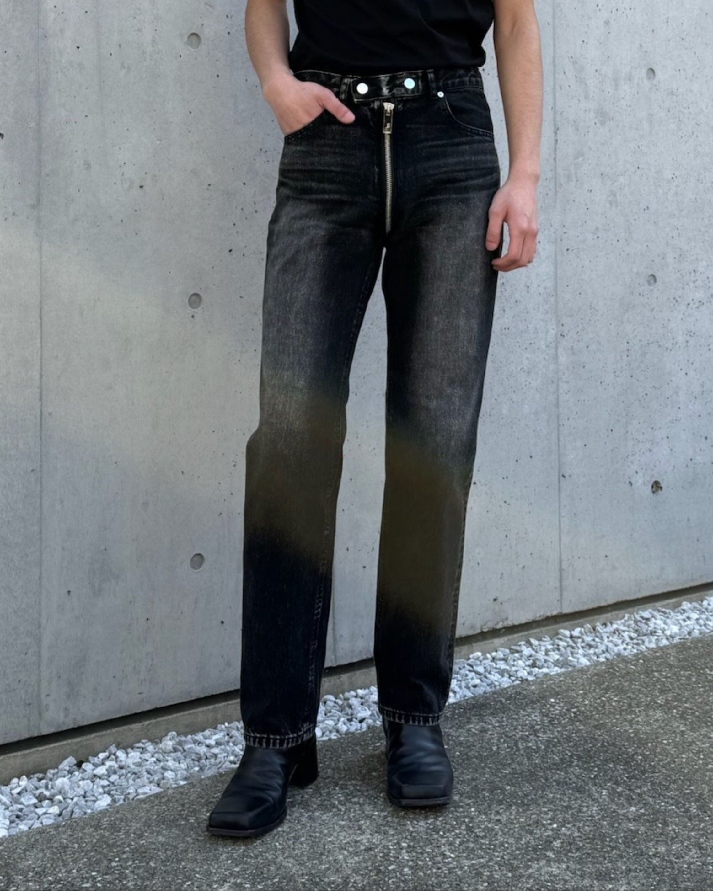 WASHED DENIM WRAPAROUND ZIP PANTS