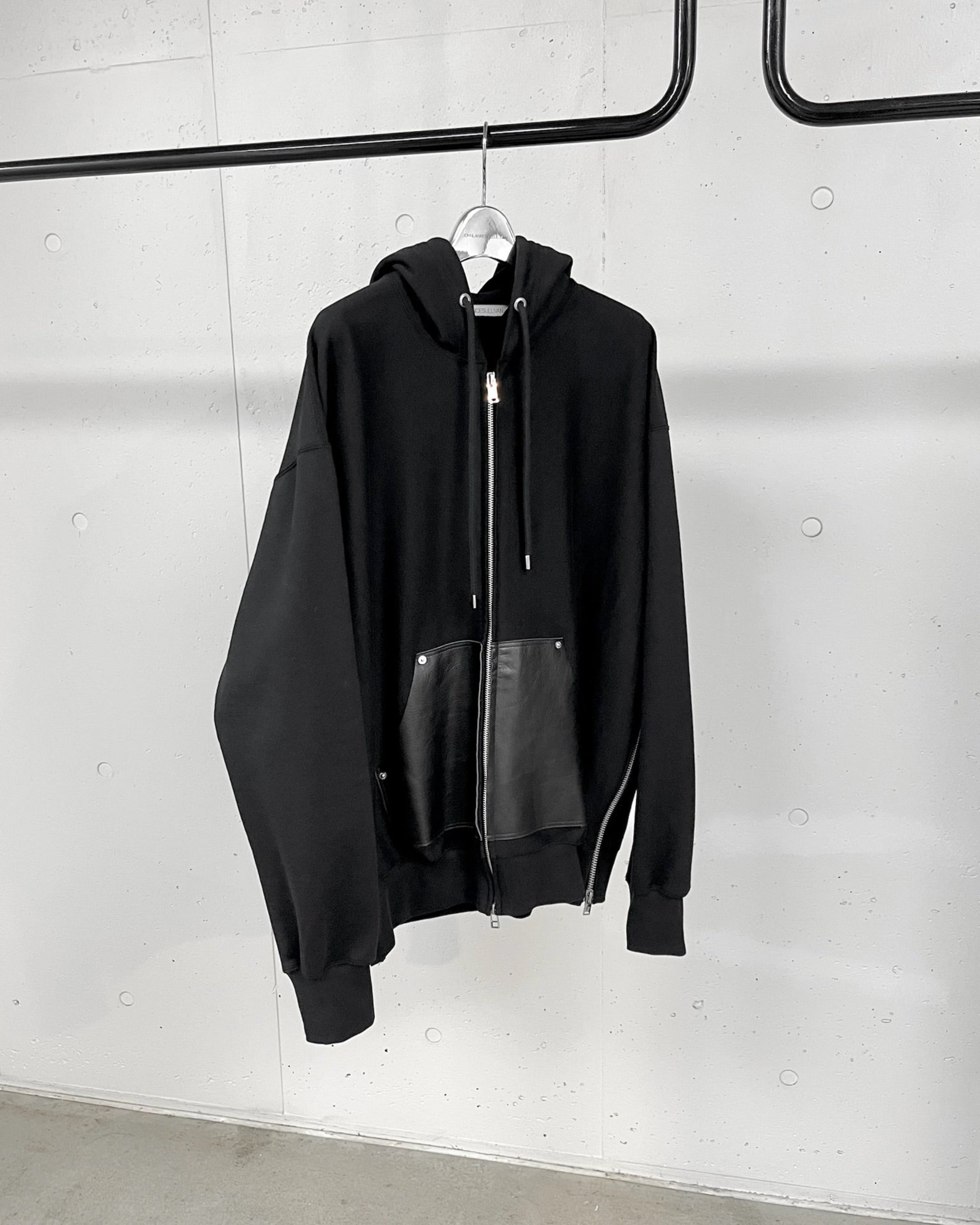 Leather Pocket Zip-Up Sweat Hoodie
