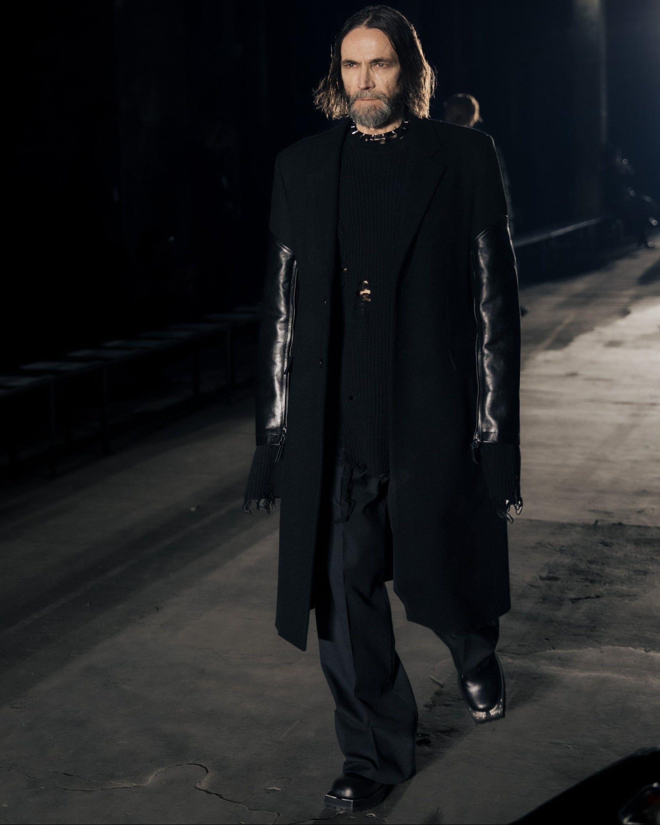 MELTON LEATHER SLEEVE DOUBLE BREASTED CHESTERFIELD COAT
