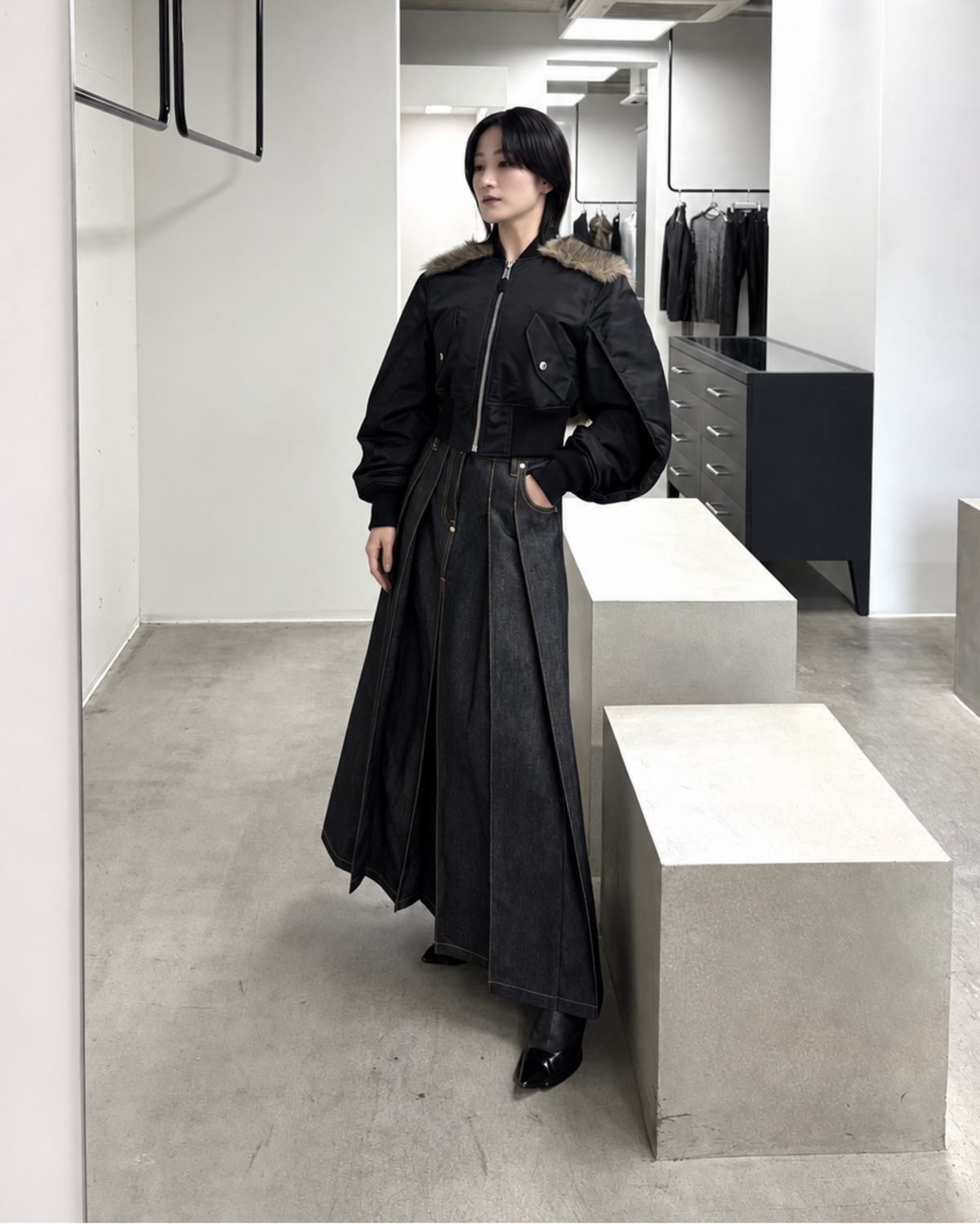 NYLON BOMBER JACKET WITH BACK FUR