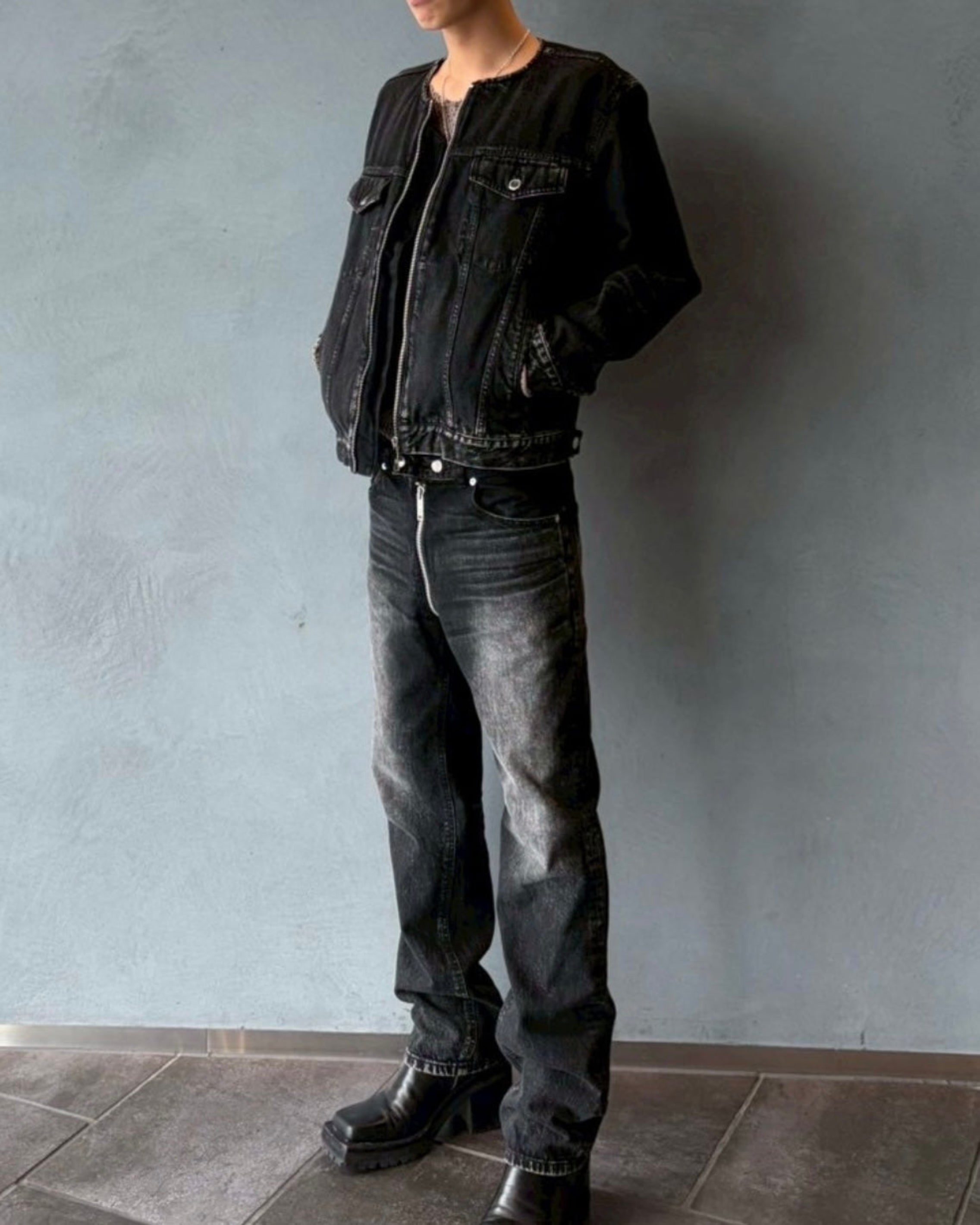 WASHED DENIM COLLARLESS JACKET