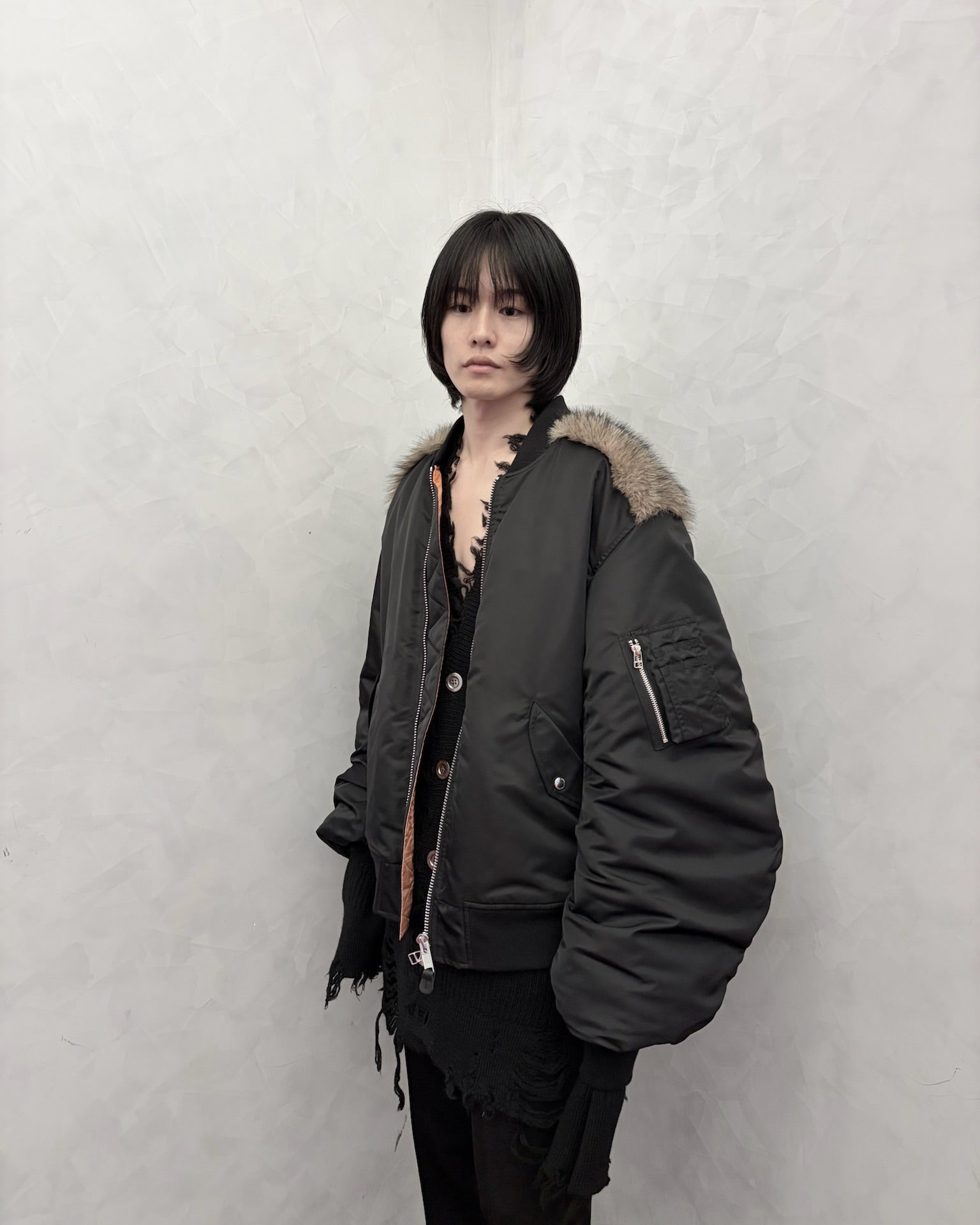 NYLON MASSIVE ROUNDED SLEEVE BOMBER JACKET WITH BACK FUR