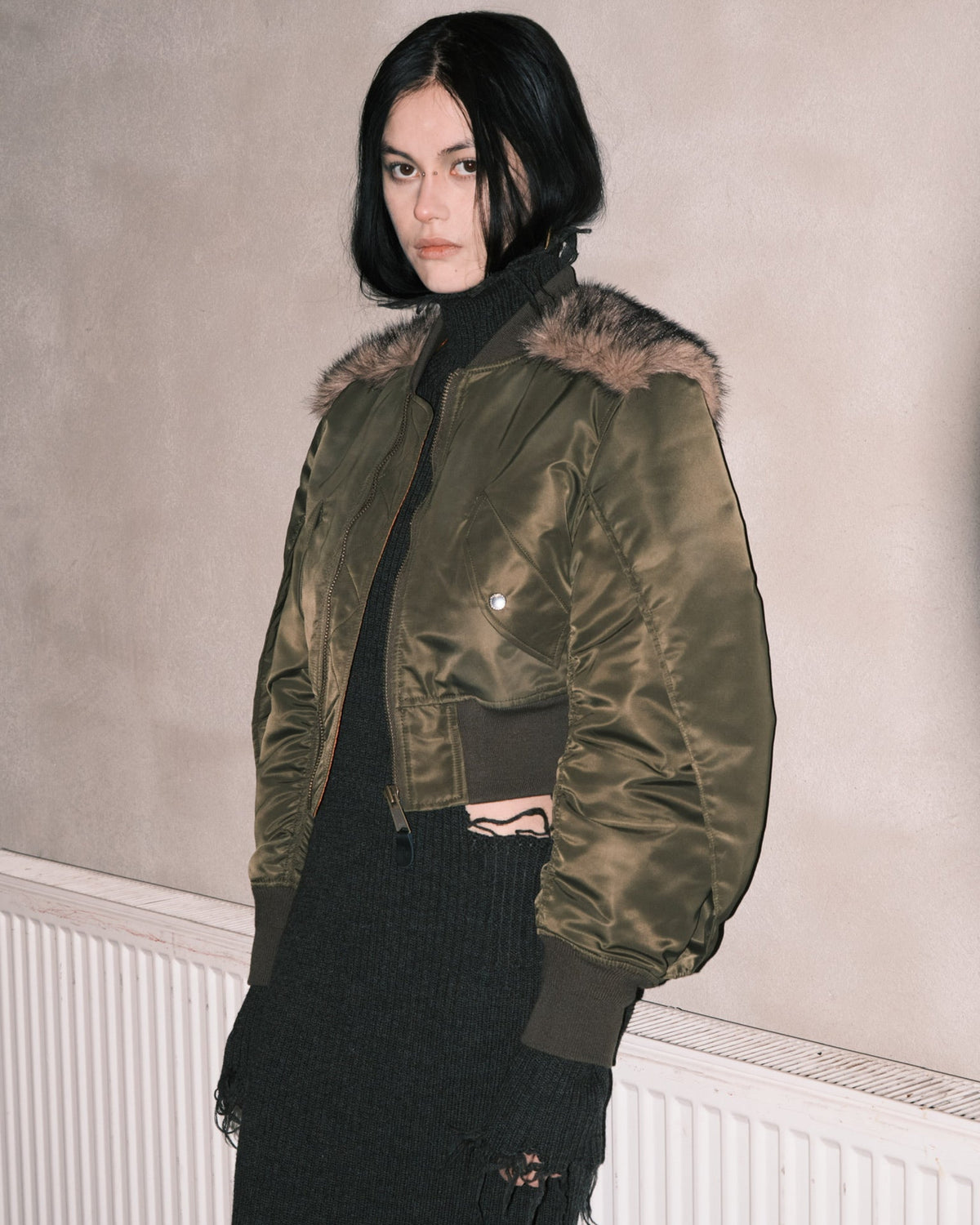 NYLON BOMBER JACKET WITH BACK FUR
