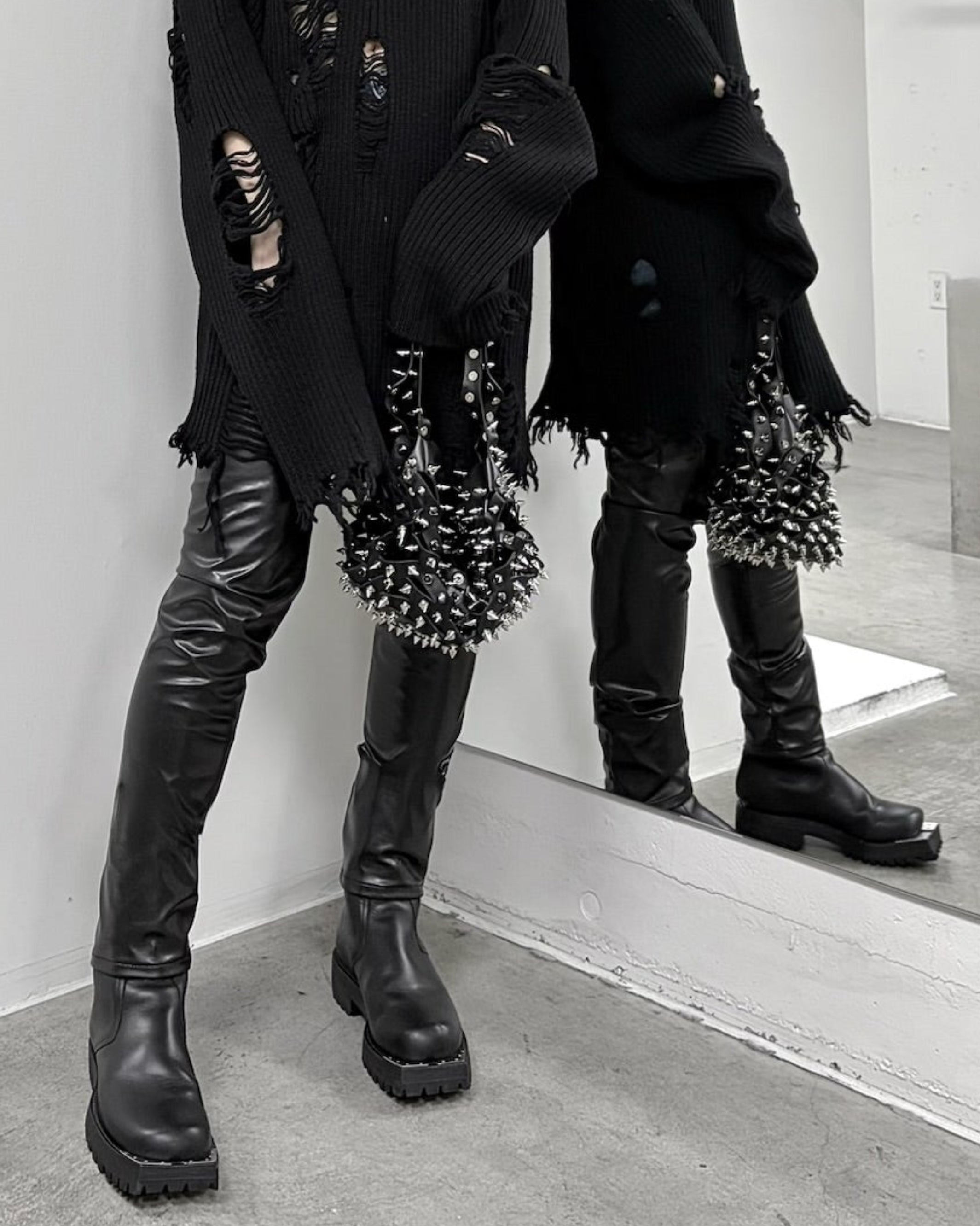 JOHN LAWRENCE SULLIVAN レザー風パンツ ブラック DENIM & VEGAN LEATHER BI-COLOR PANTS