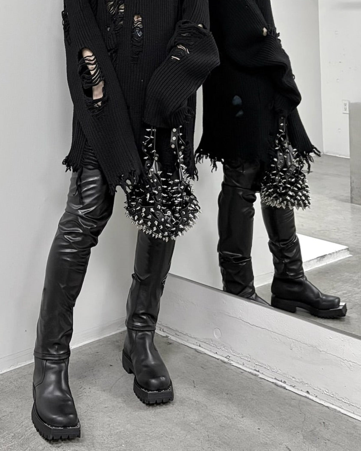 Womens Denim & Vegan Leather Bi-Color Pants