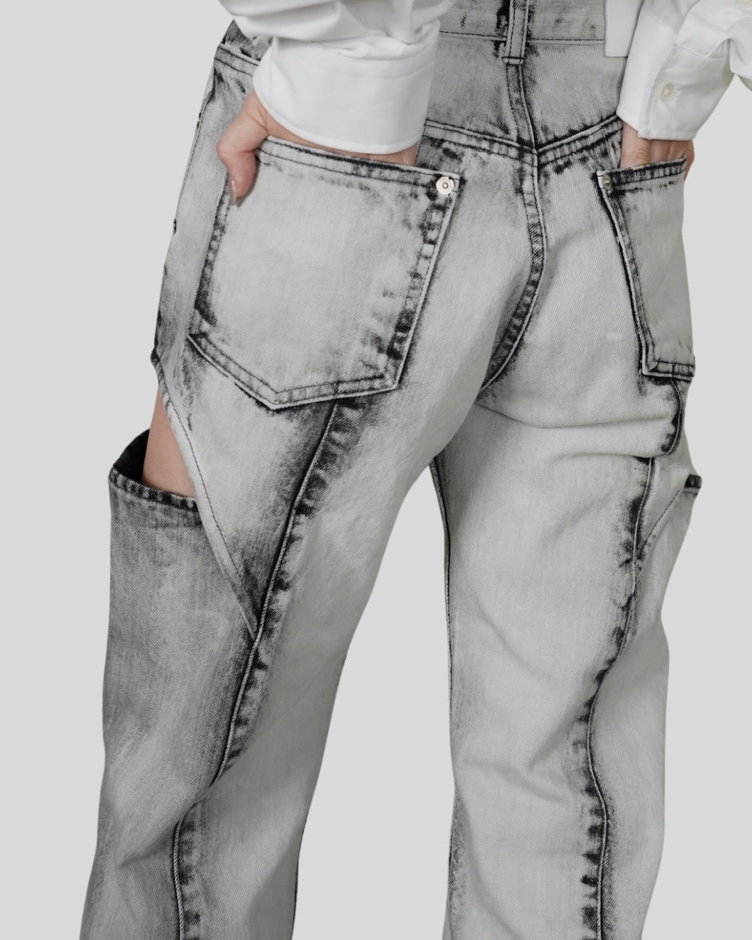 Bleached denim hollowed out pants