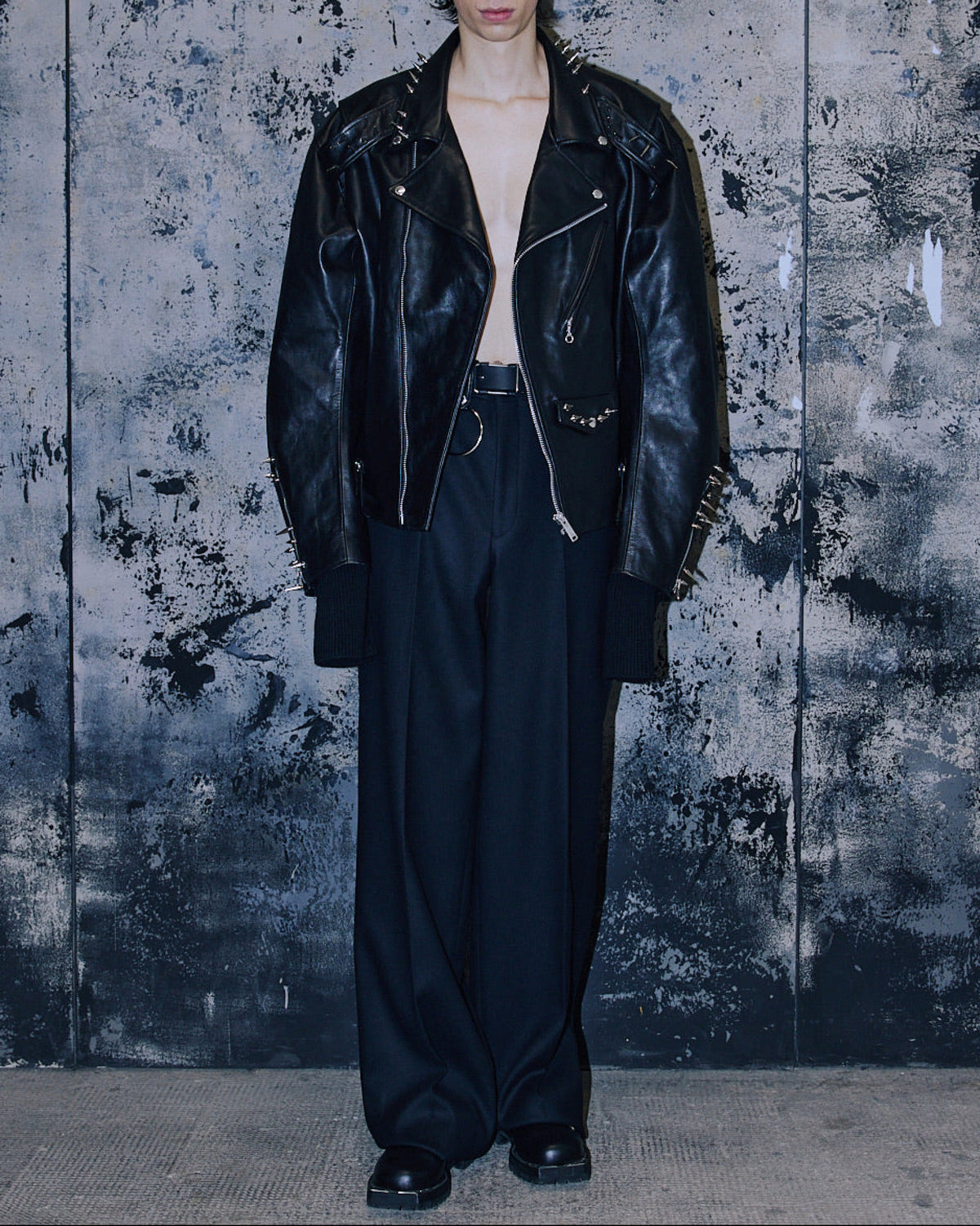 LEATHER MASSIVE ROUNDED SLEEVE STUDDED BIKERS JACKET