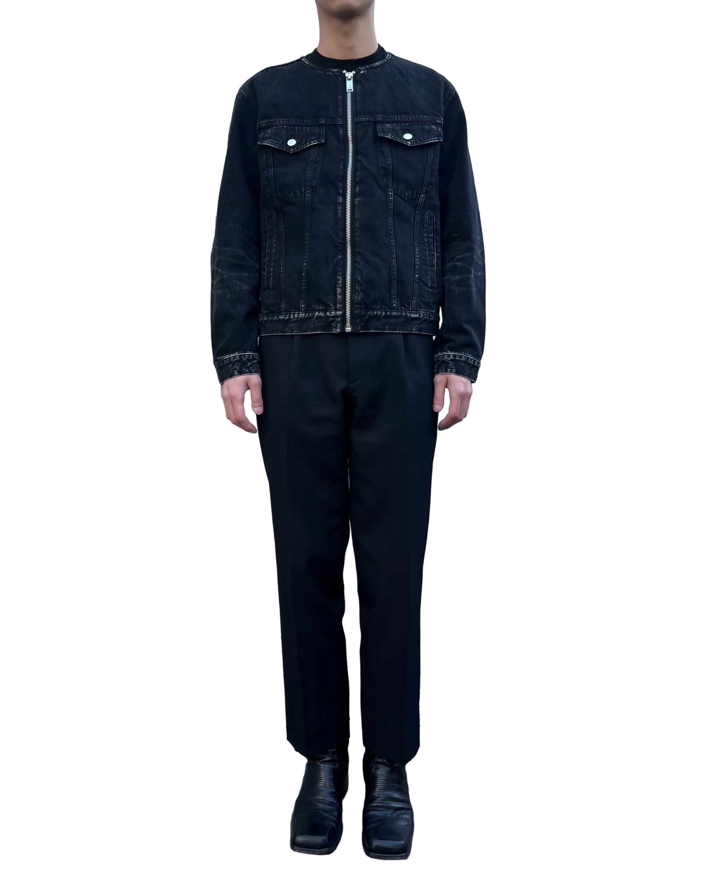 WASHED DENIM COLLARLESS JACKET