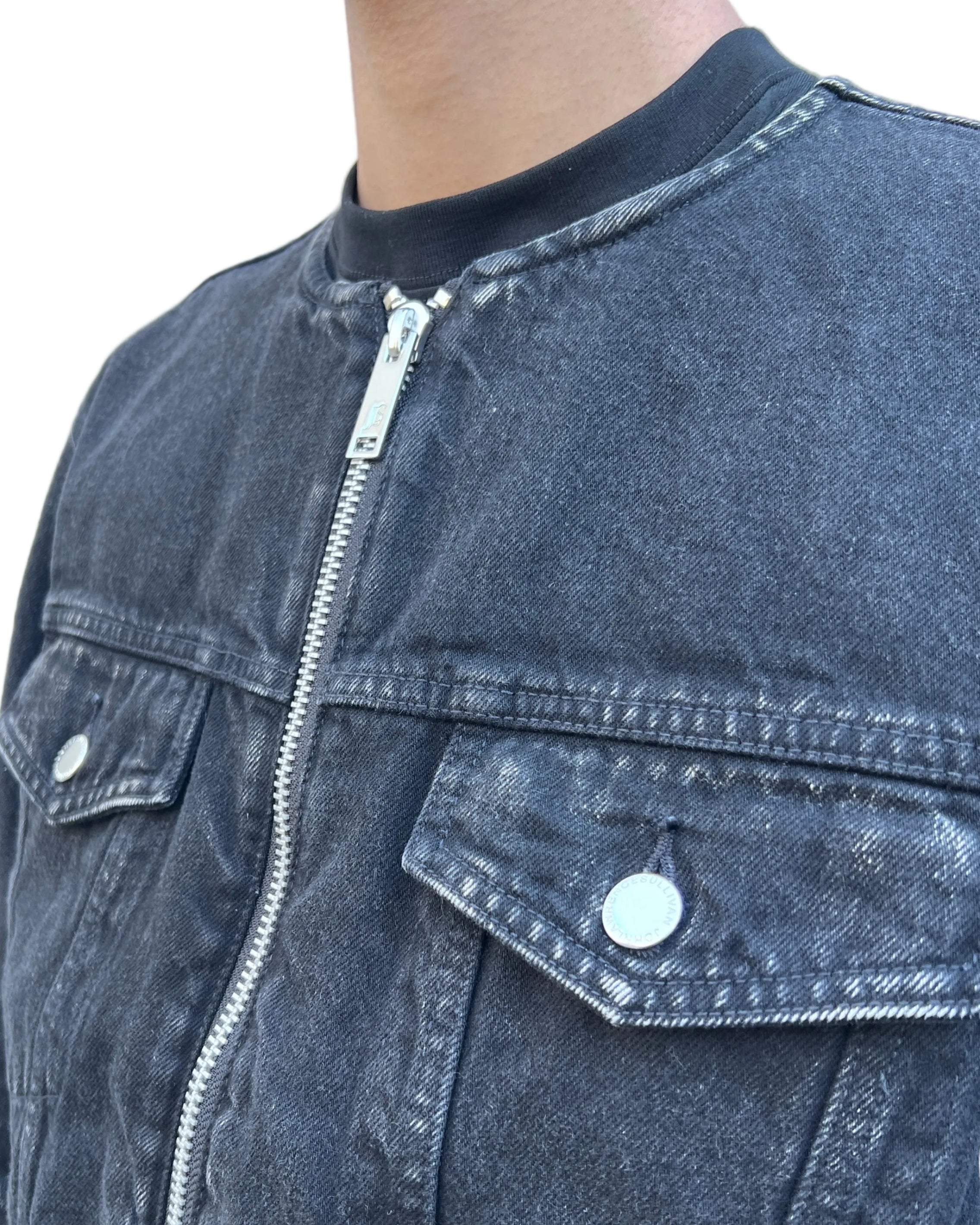 WASHED DENIM COLLARLESS JACKET
