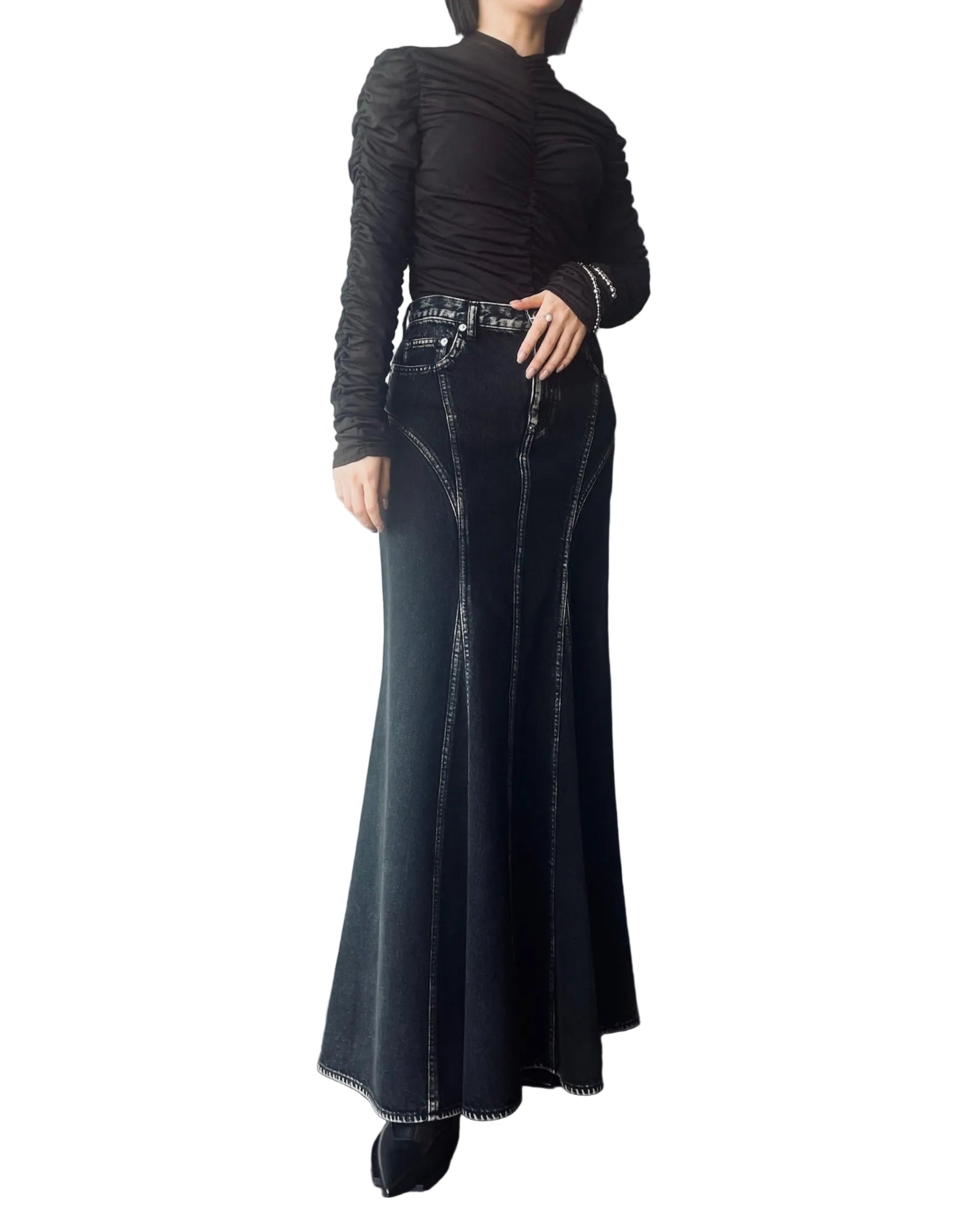 WASHED DENIM MERMAID LINE SKIRT