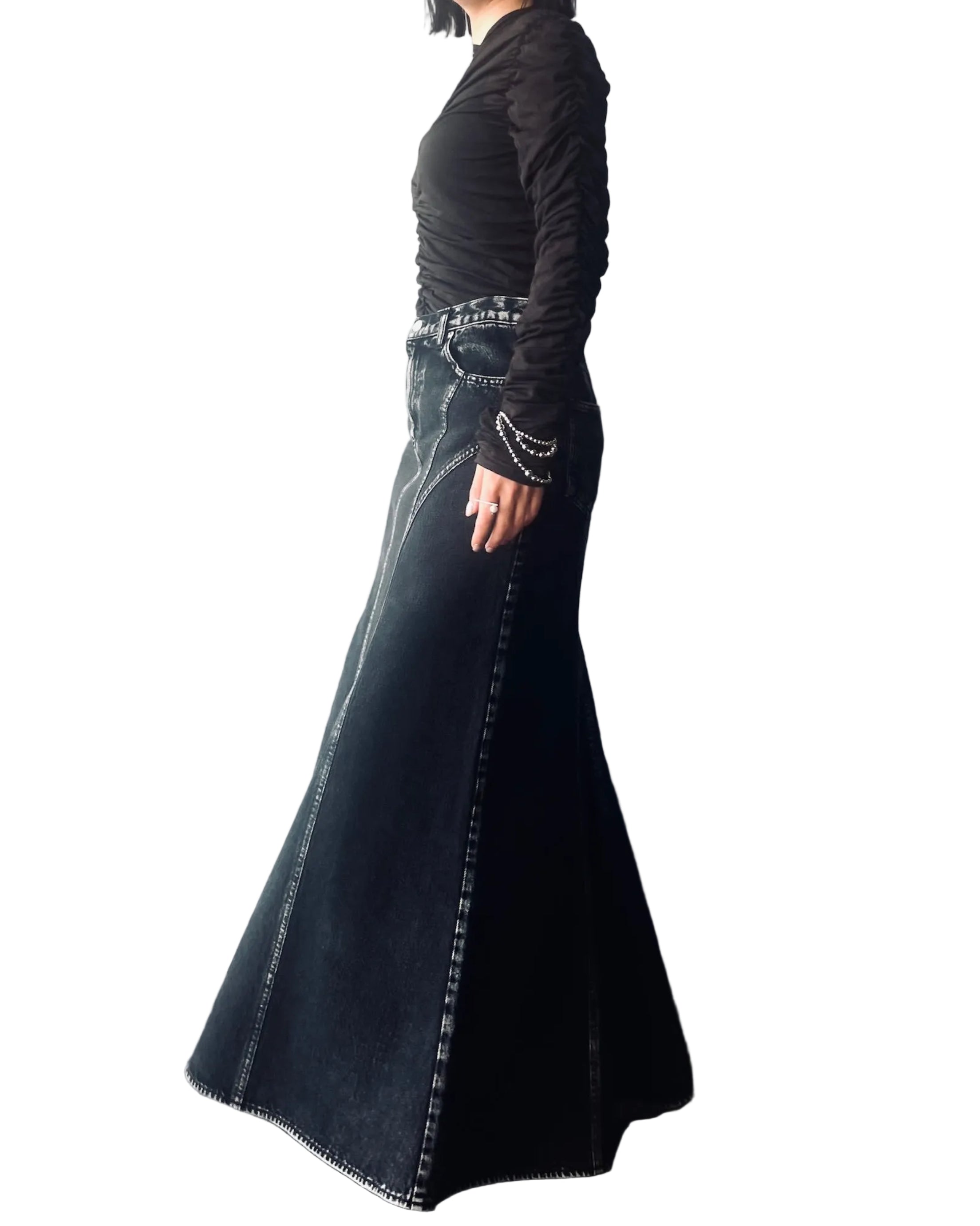 WASHED DENIM MERMAID LINE SKIRT