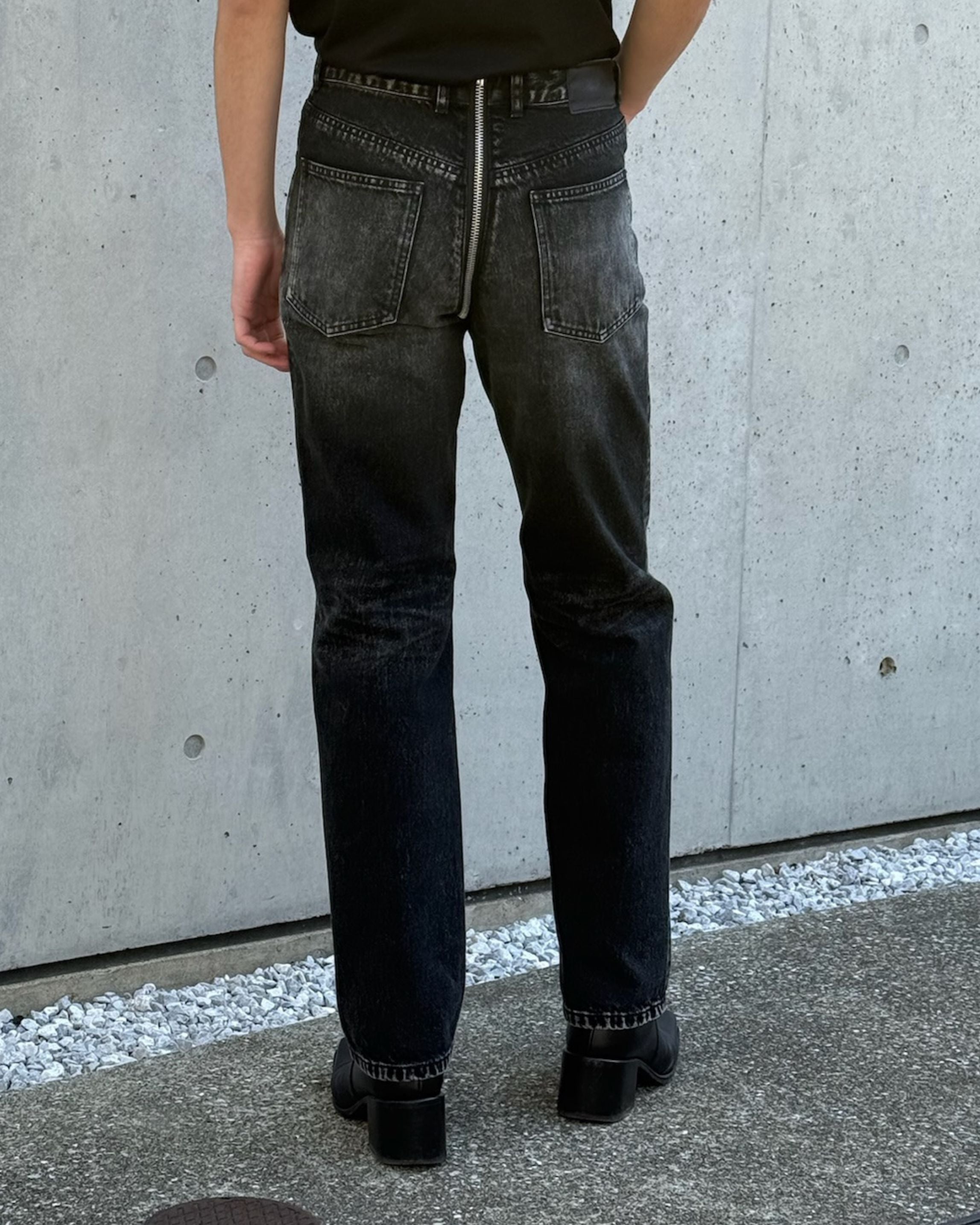 WASHED DENIM WRAPAROUND ZIP PANTS
