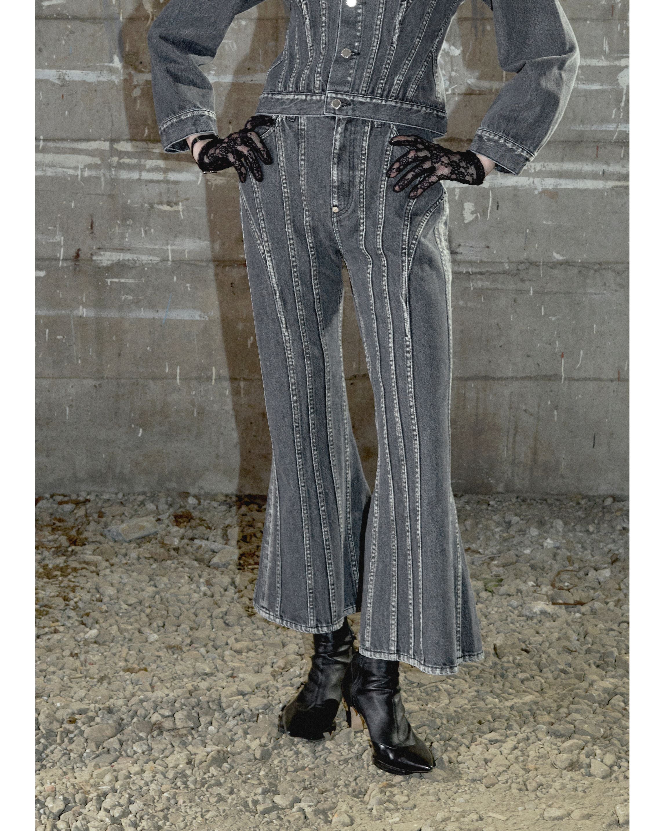 WASHED DENIM CORSET FLARED PANTS