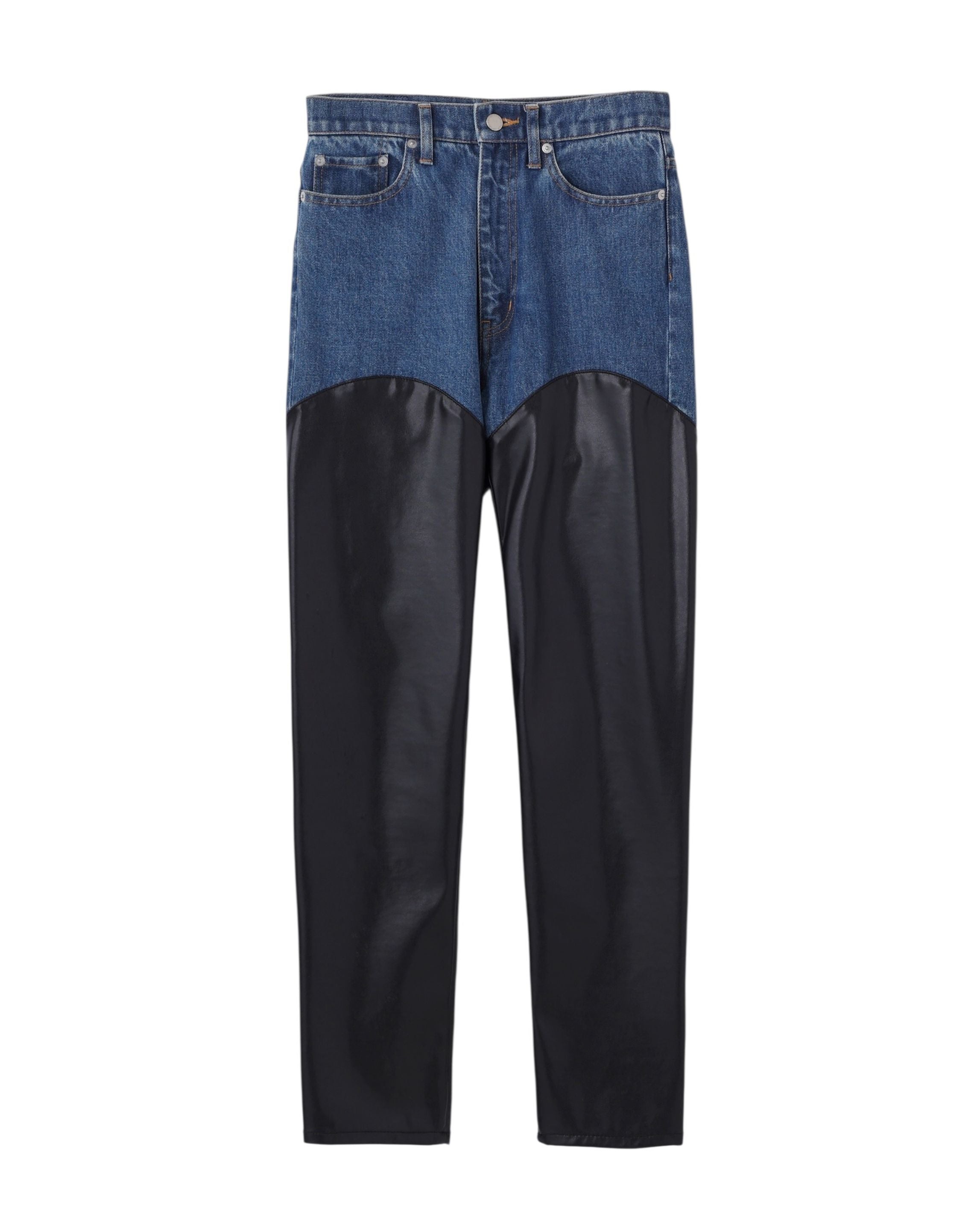 DENIM & VEGAN LEATHER BI-COLOR PANTS
