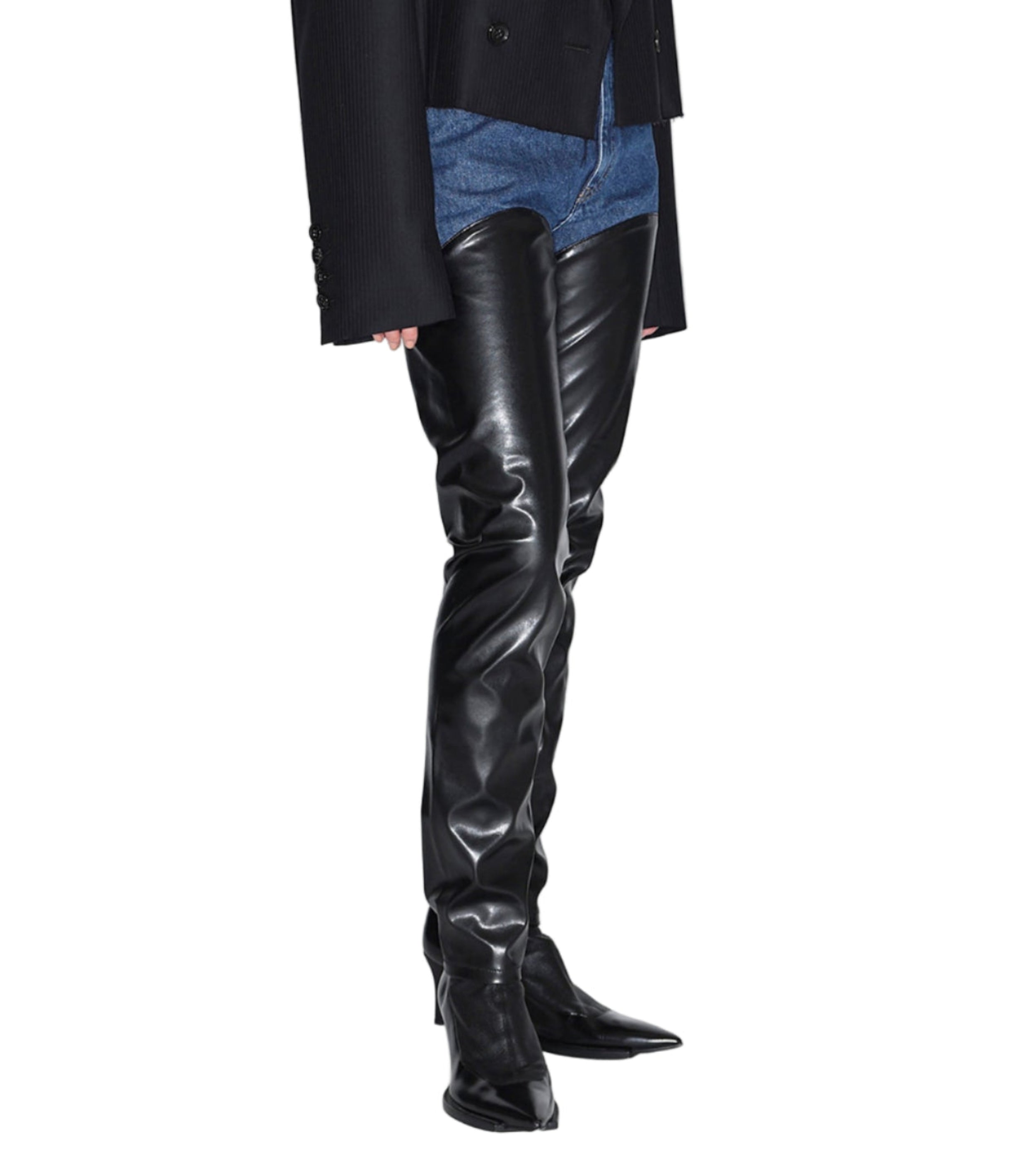 WOMENS DENIM & VEGAN LEATHER BI-COLOR PANTS